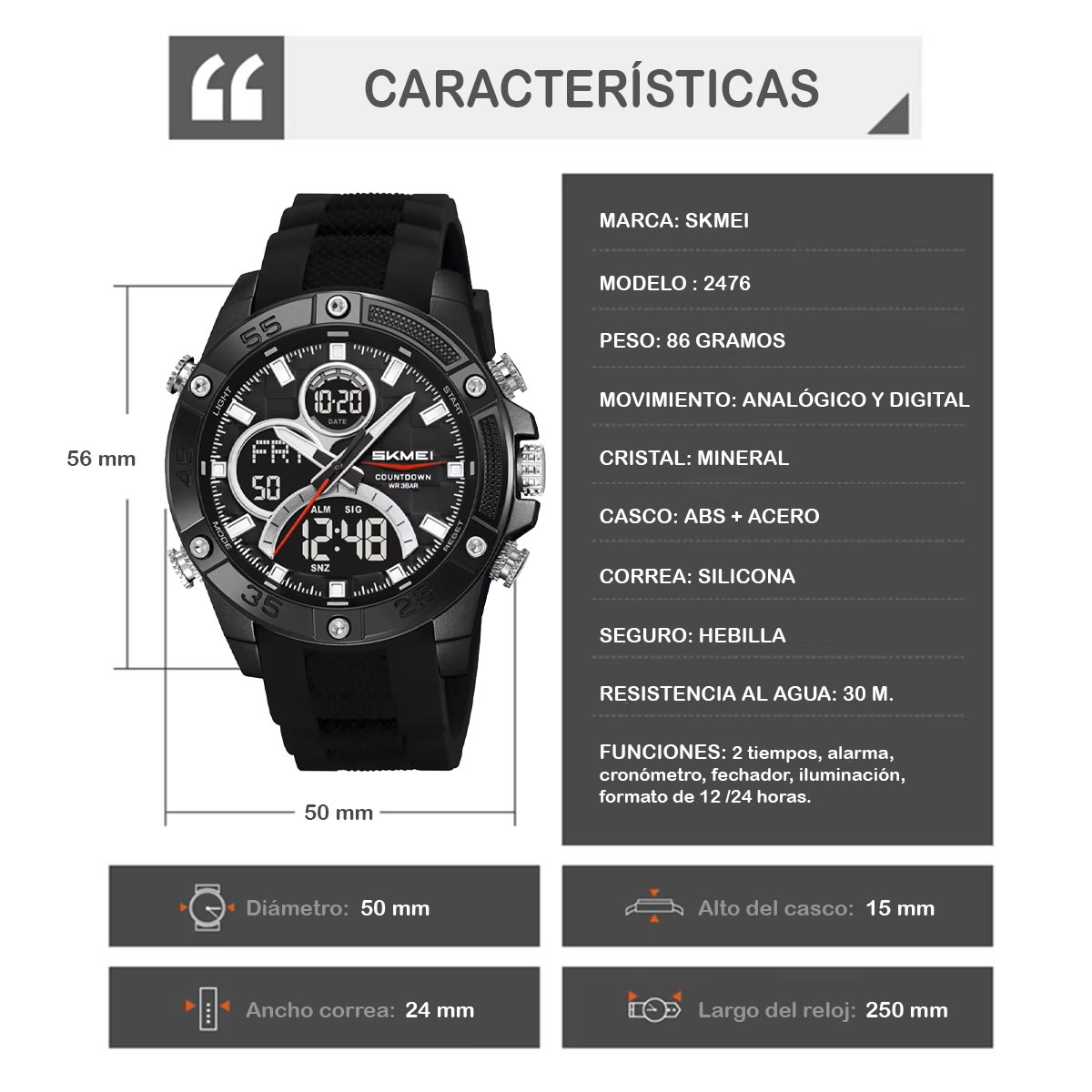 RELOJ SKMEI VECTOR HOMBRE ANALOGICO DIGITAL ALARMA CRONOMETRO 2476 - 8