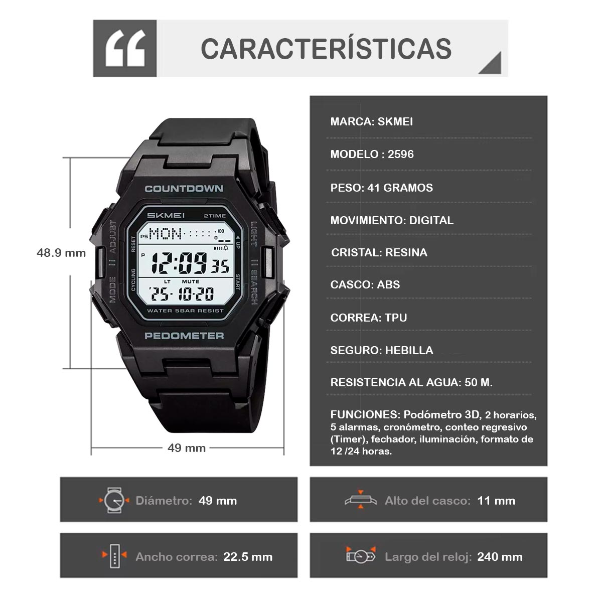 RELOJ SKMEI MOTION UNISEX DIGITAL DEPORTIVO PODOMETRO 5 ALARMAS 2596 - 8