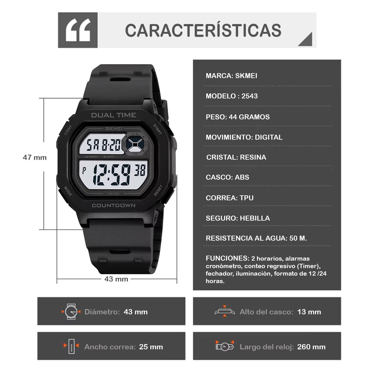 RELOJ SKMEI BLOCK HOMBRE DIGITAL DEPORTIVO ALARMA LUZ TIEMPO DUAL 2543 - 5