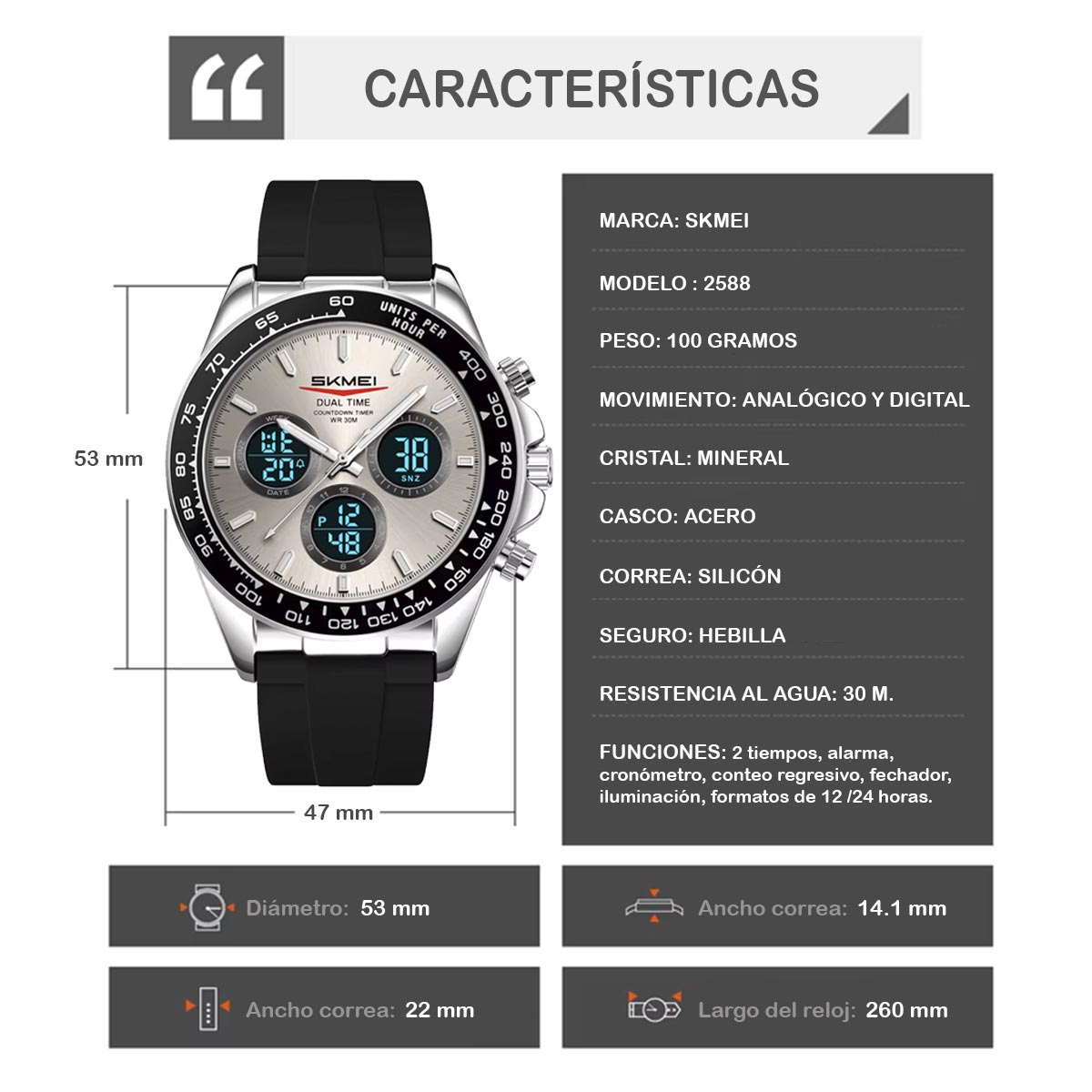 RELOJ SKMEI ORBIT HOMBRE ANALOGICO DIGITAL ELEGANTE ACERO 2588 - 7