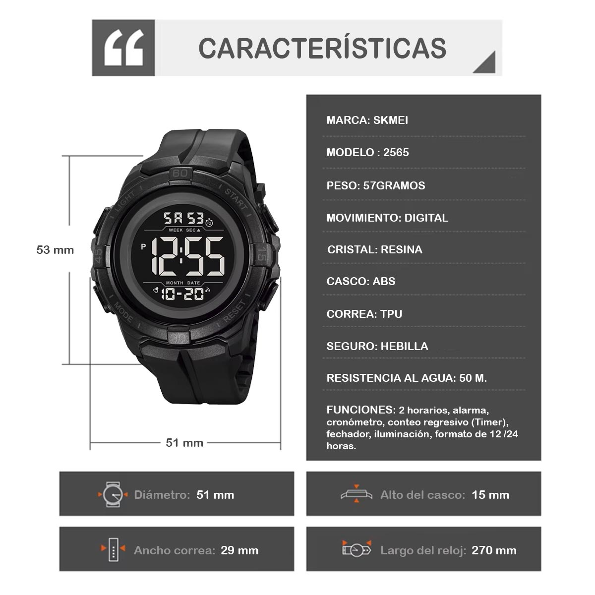 RELOJ SKMEI SENTINEL HOMBRE DIGITAL DEPORTIVO ALARMA ZONA DUAL 2565 - 5