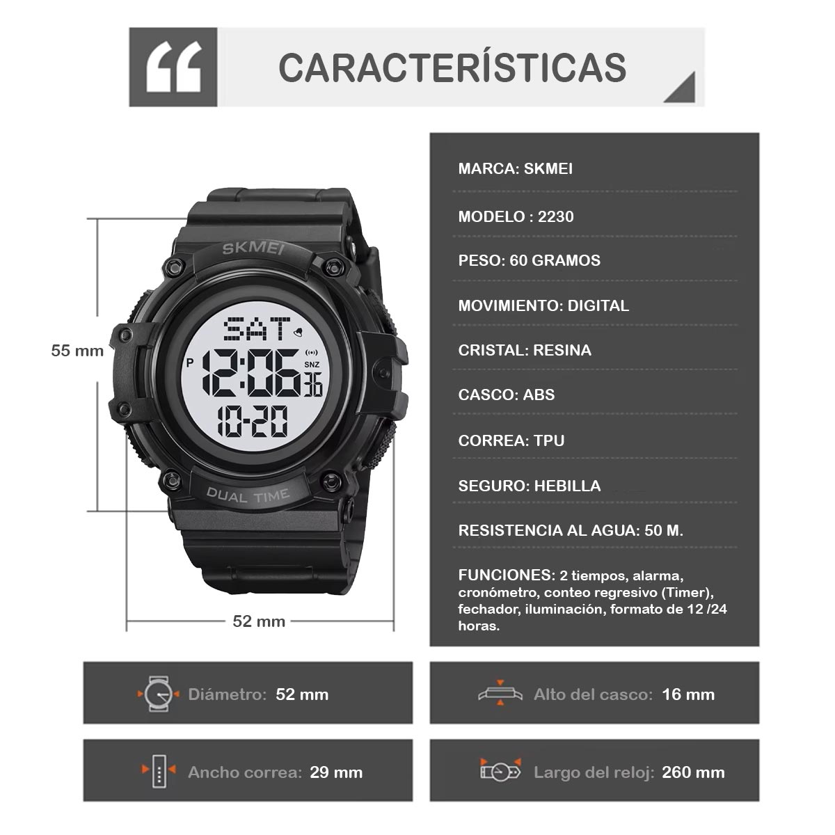 RELOJ SKMEI CRAB HOMBRE DIGITAL DEPORTIVO MULTIFUNCION 2230 - 6