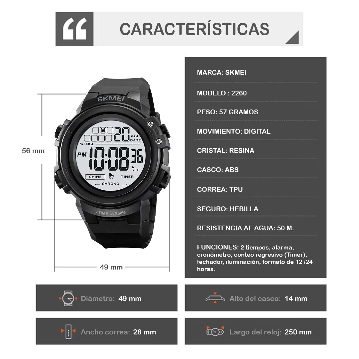 RELOJ SKMEI CHRONO HOMBRE DIGITAL DEPORTIVO DUAL MULTIFUNCION 2260 - 6