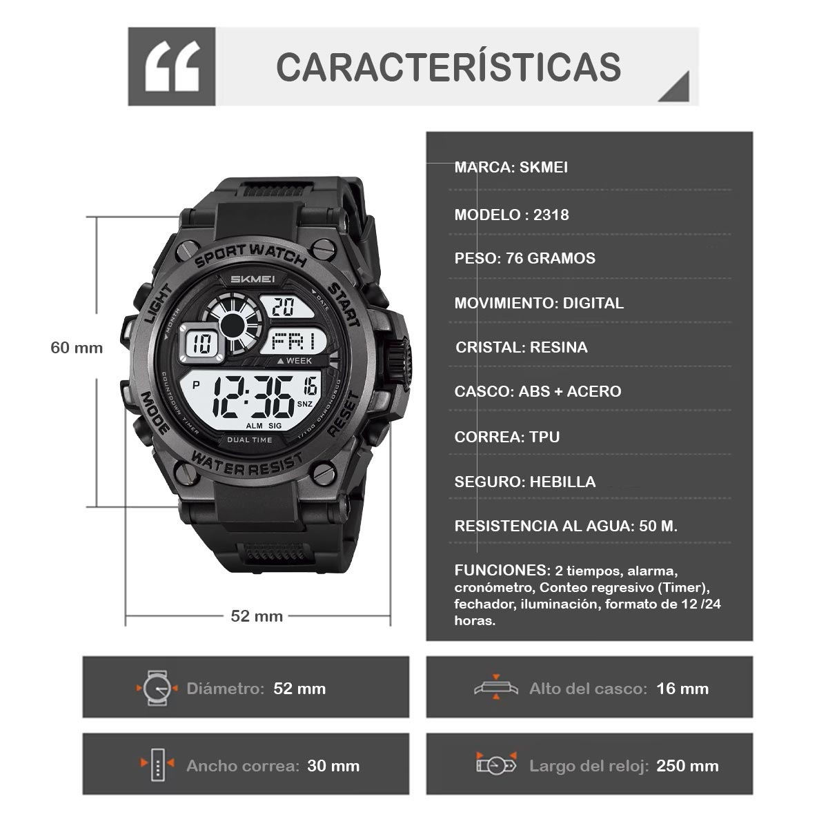 RELOJ SKMEI HEAVY HOMBRE DIGITAL DEPORTIVO CRONOMETRO DUAL LED 2318 - 6