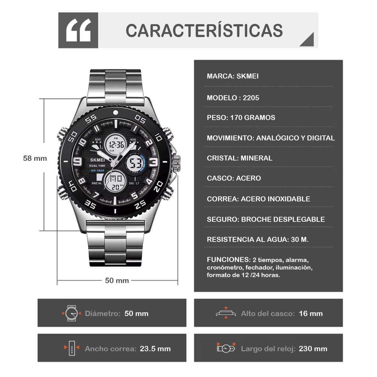 RELOJ SKMEI OCEAN HOMBRE ANALOGICO DIGITAL CASUAL RETROILUMINADO 2205 - 8