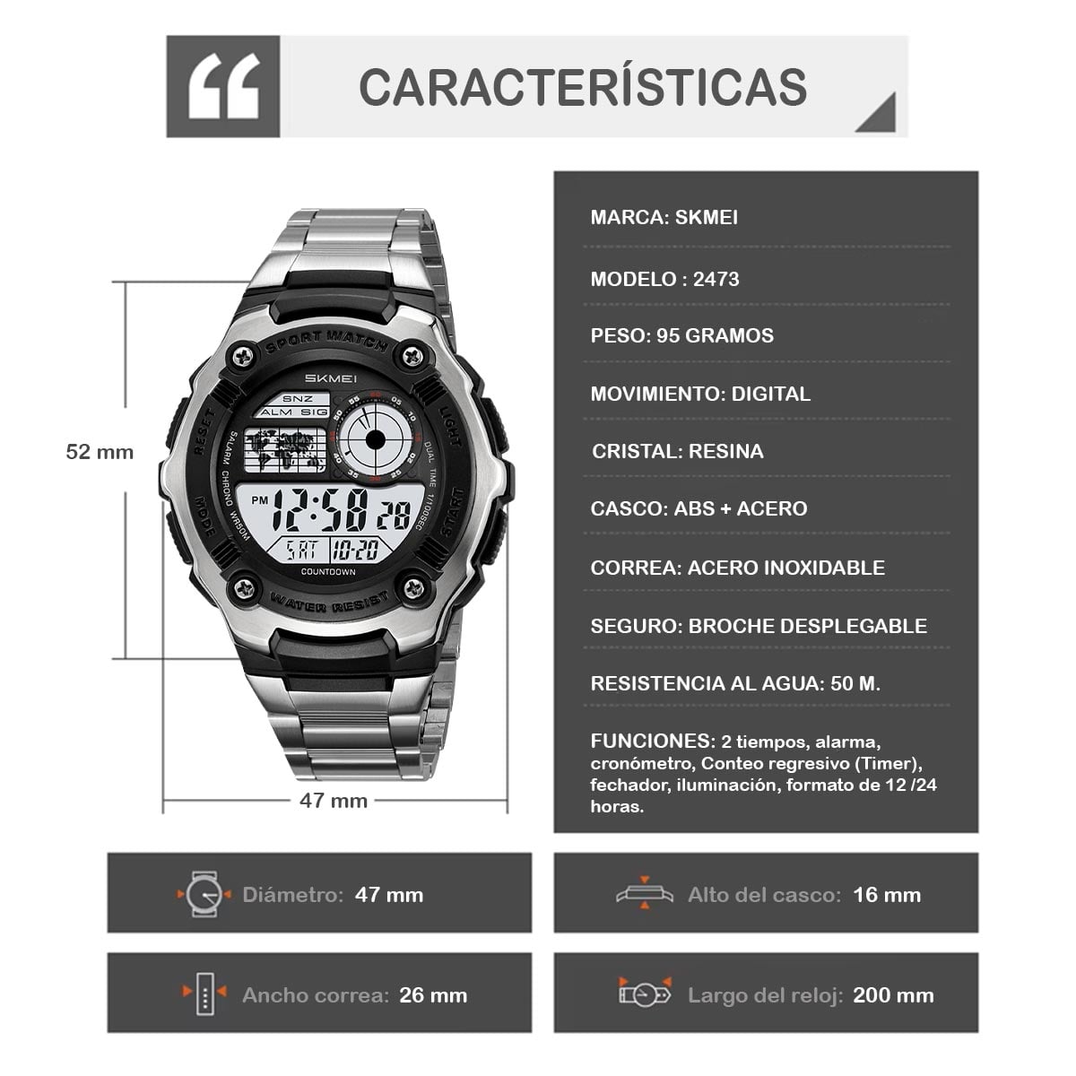 RELOJ SKMEI TERRA HOMBRE DIGITAL DEPORTIVO DUAL LUZ LED ACERO 2473 - 5