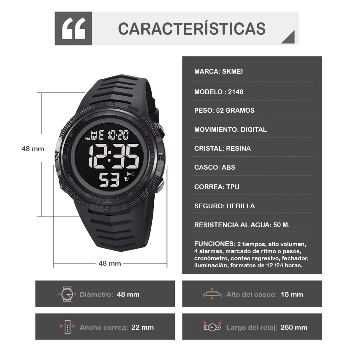 RELOJ SKMEI NORTH HOMBRE DIGITAL DEPORTIVO DUAL 4 ALARMAS LUZ LED 2148 - 7