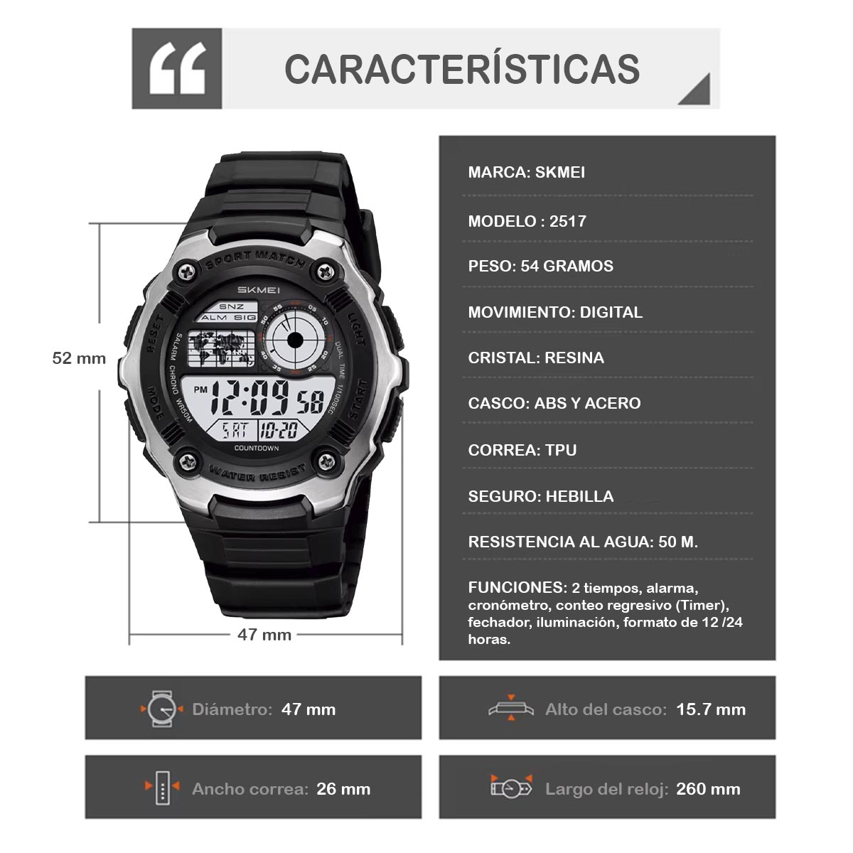 RELOJ SKMEI TERRA HOMBRE DIGITAL DEPORTIVO DUAL ALARMA LUZ LED 2517 - 5
