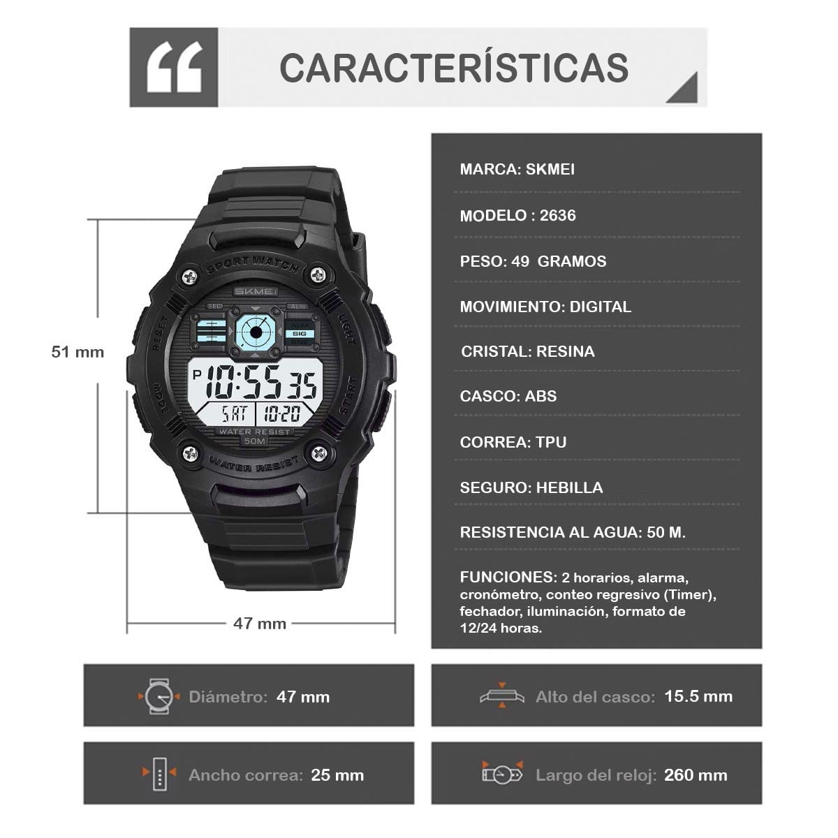RELOJ SKMEI BLACK HAWK HOMBRE DIGITAL DEPORTIVO MULTIFUNCIÓN 2636 - 5