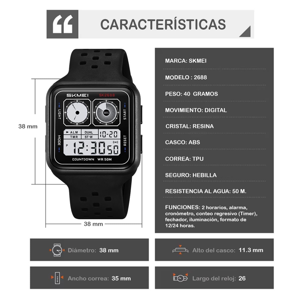 RELOJ SKMEI GAUGE HOMBRE DIGITAL DEPORTIVO MULTIFUNCIÓN LUZ 2688 - 4
