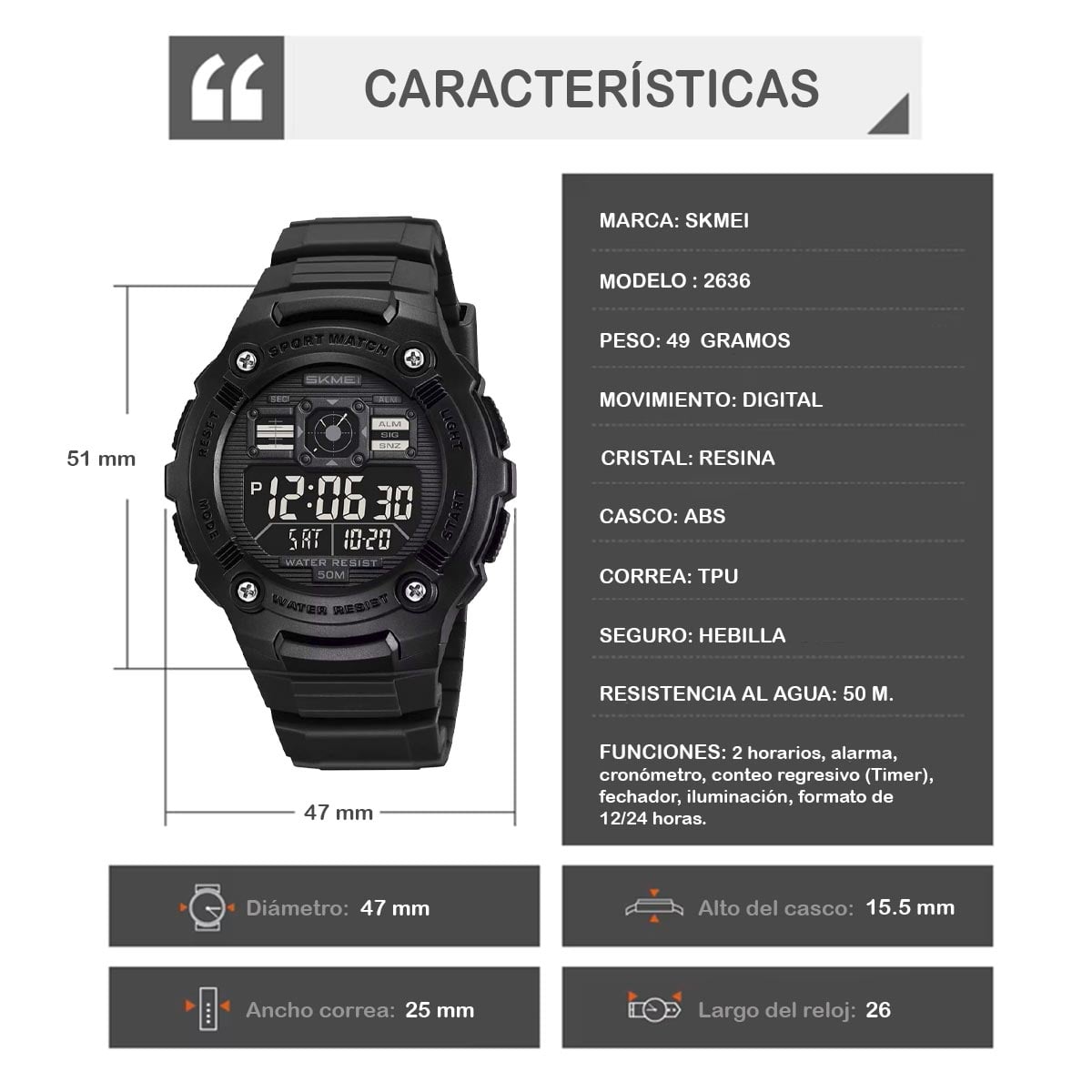 RELOJ SKMEI BLACK HAWK HOMBRE DIGITAL DEPORTIVO MULTIFUNCIÓN 2636 - 4