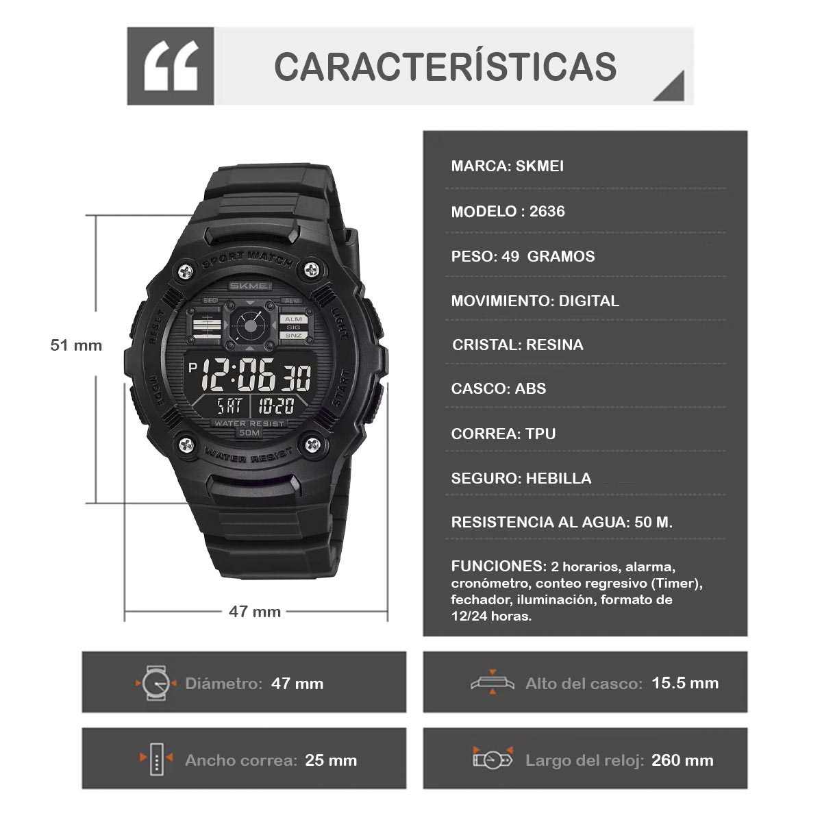 RELOJ SKMEI BLACK HAWK HOMBRE DIGITAL DEPORTIVO MULTIFUNCIÓN 2636 - 5