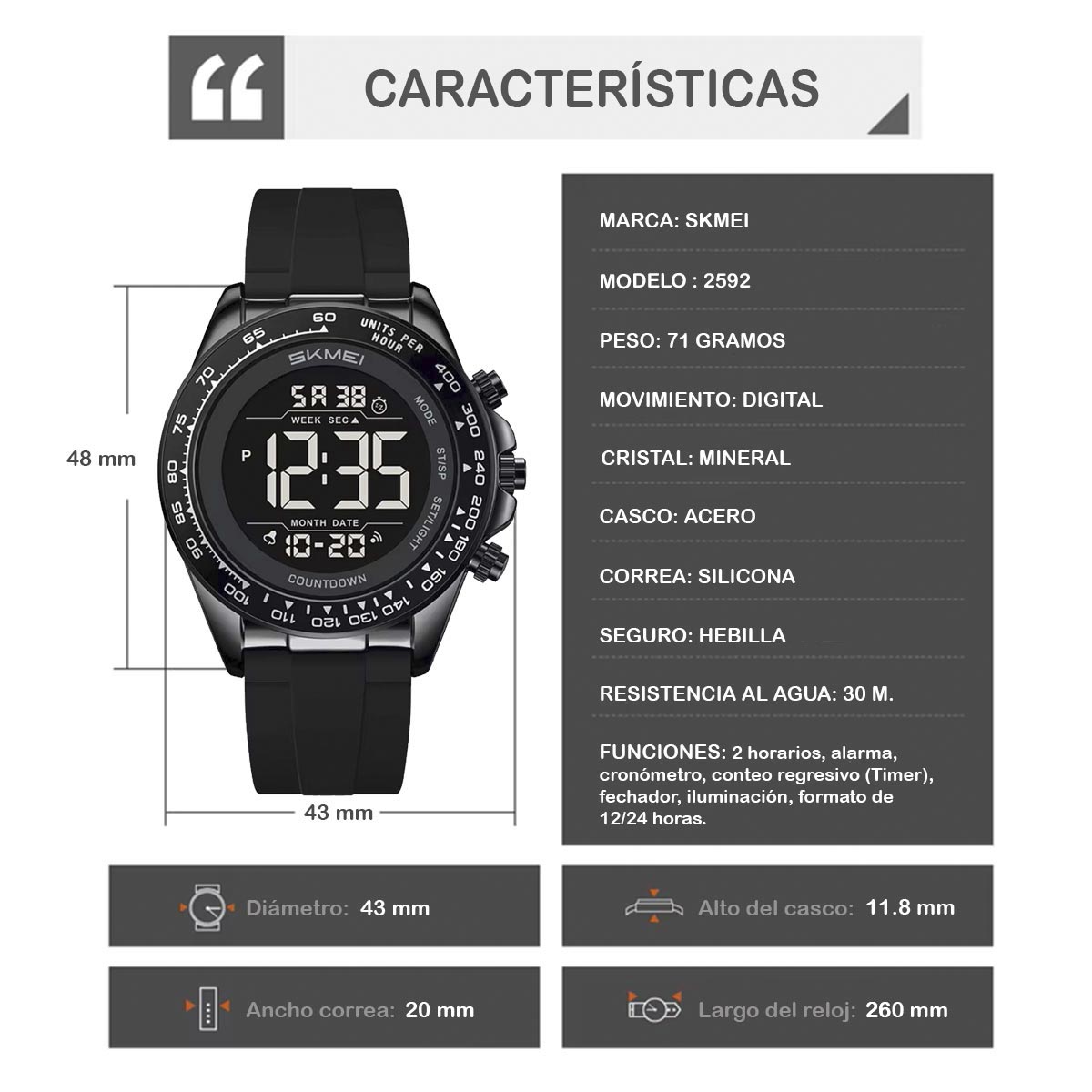 RELOJ SKMEI ZERO HOMBRE DIGITAL CASUAL ZONA DUAL MULTIFUNCIÓN 2592 - 7