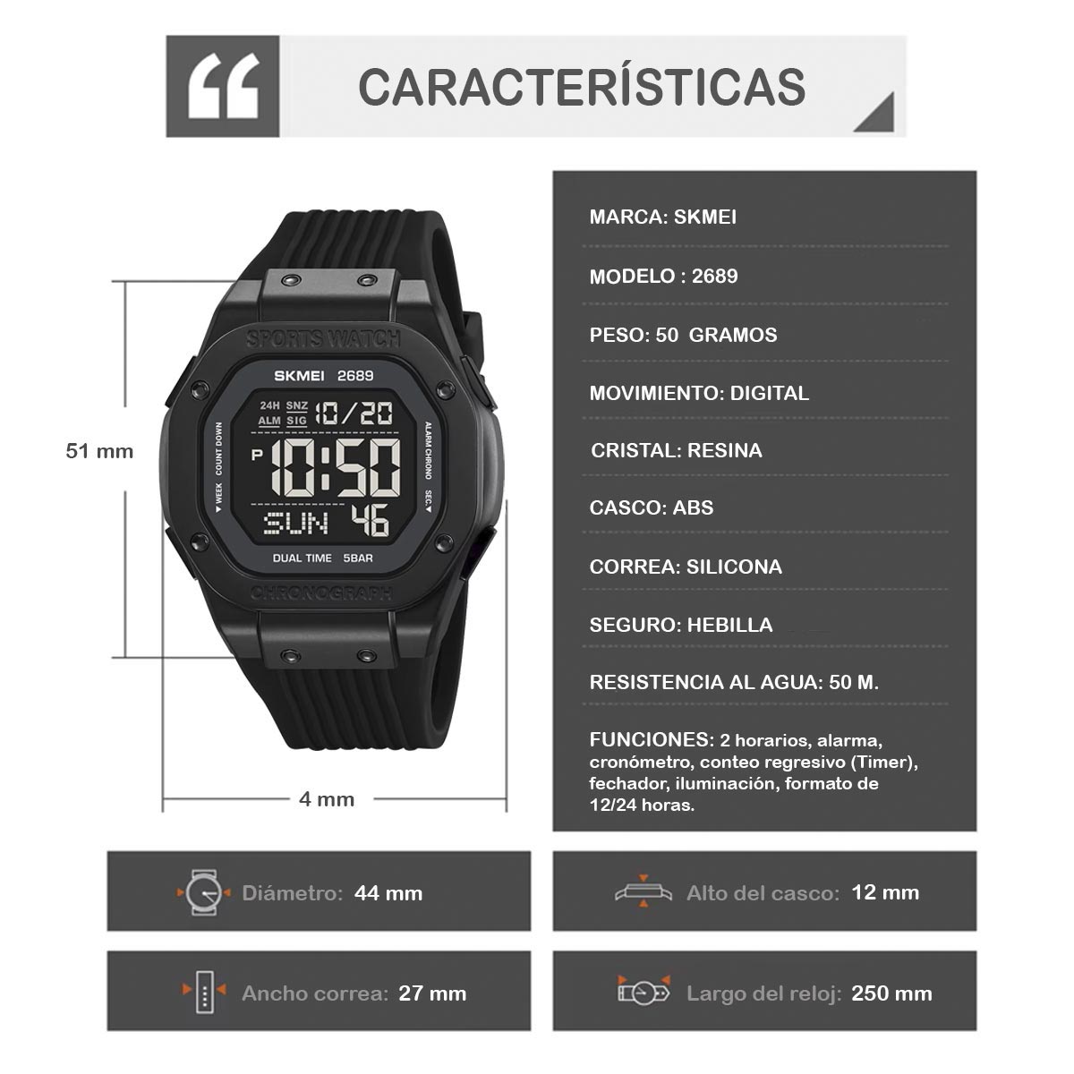 RELOJ SKMEI ENDURO HOMBRE DIGITAL DEPORTIVO 2 ZONAS MULTIFUNCIÓN 2689 - 7