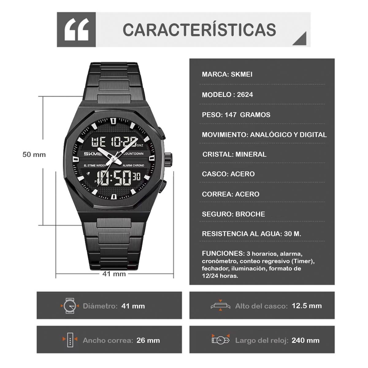 RELOJ SKMEI OCTANE HOMBRE ANA-DIGI CASUAL 3 TIEMPOS MULTIFUNCIÓN 2624 - 8