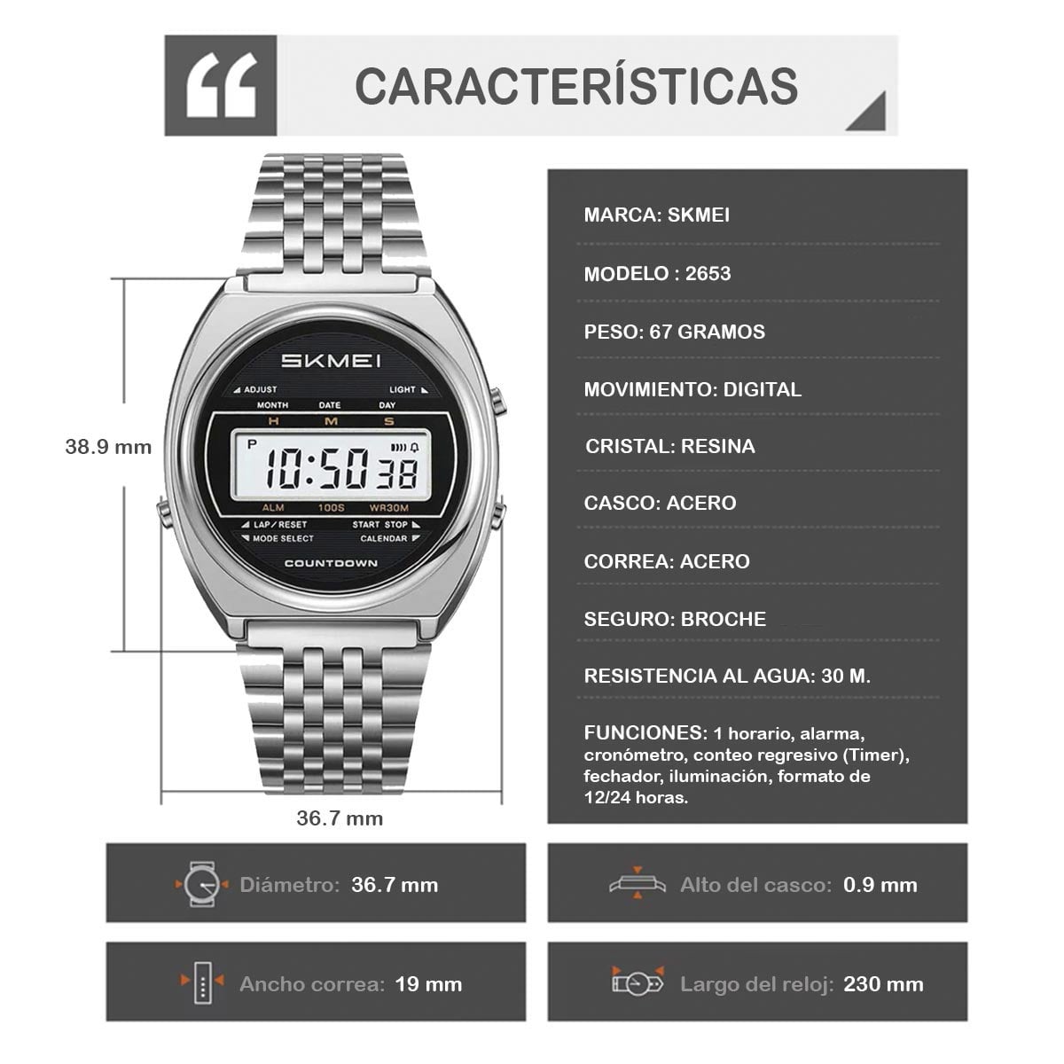 RELOJ SKMEI RETRO HOMBRE DIGITAL CASUAL MULTIFUNCIÓN ACERO PLATA 2653 - 5