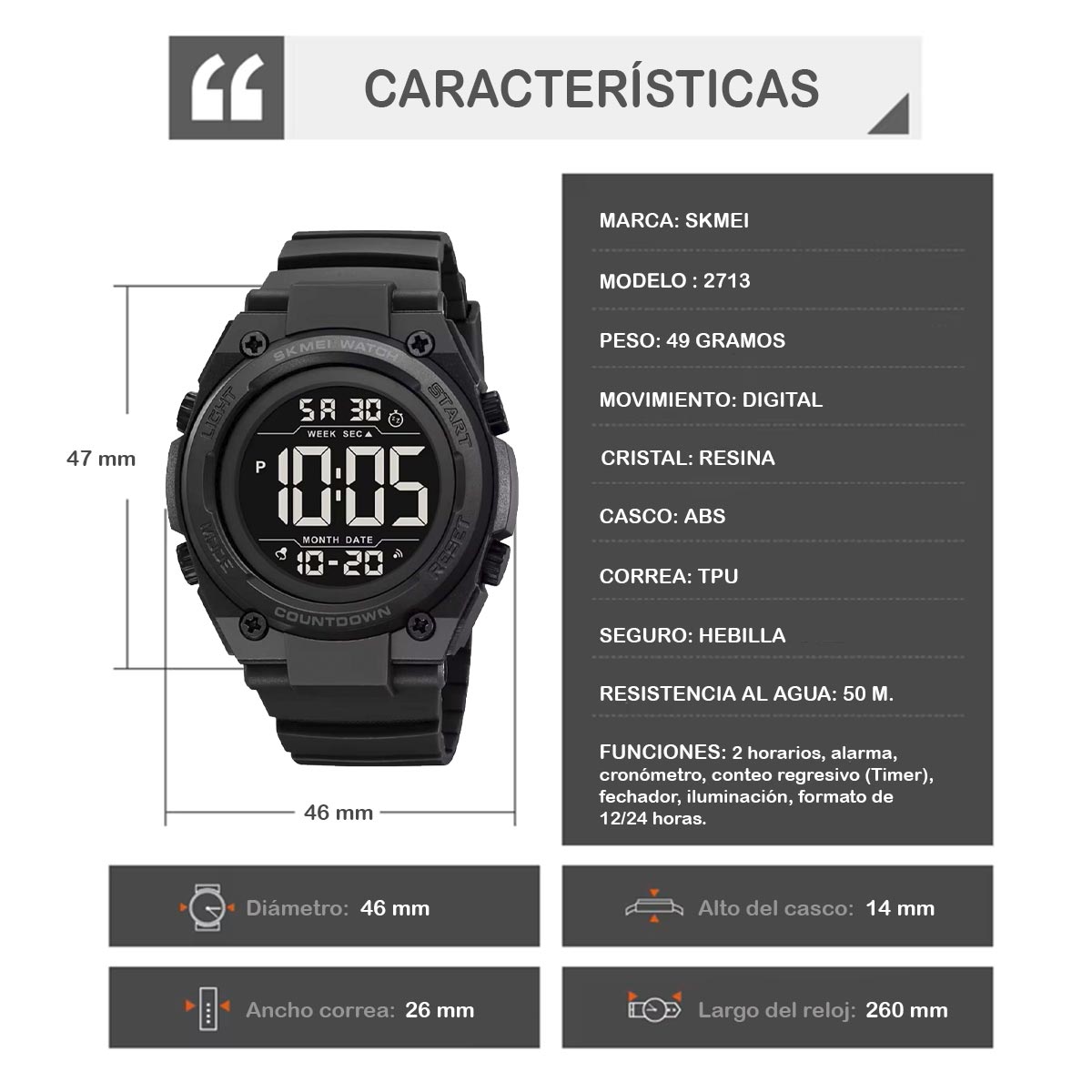 RELOJ SKMEI TROOPER HOMBRE DIGITAL DEPORTIVO DUAL ALARMA NEGRO 2713 - 8