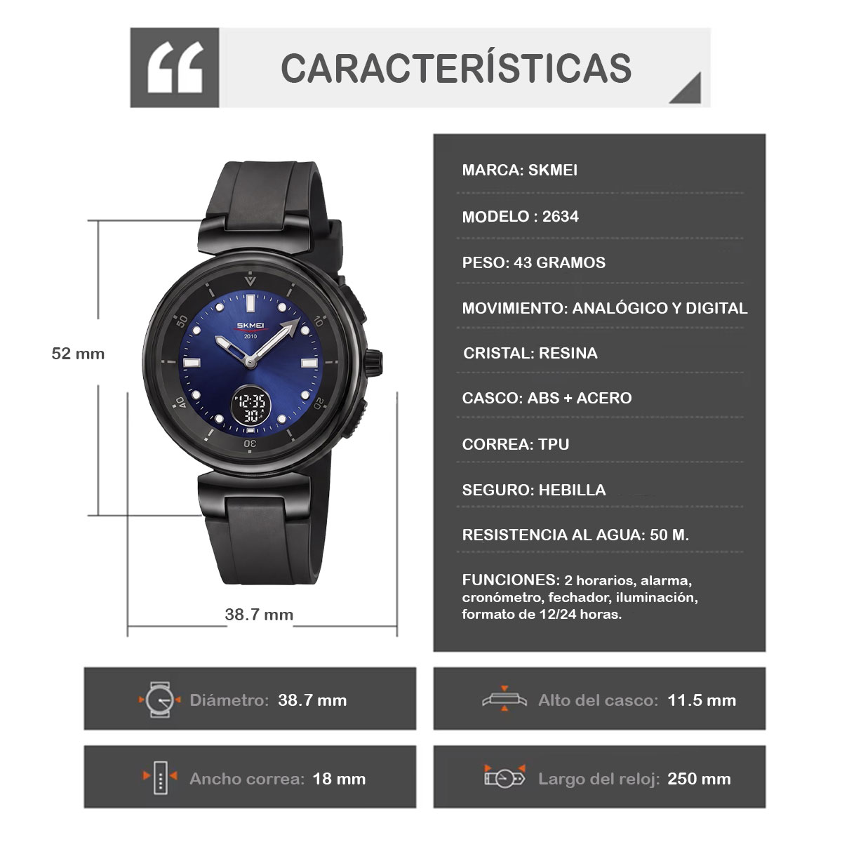 RELOJ SKMEI ZENITH HOMBRE ANALÓGICO DIGITAL CASUAL ALARMA AZUL 2634 - 6