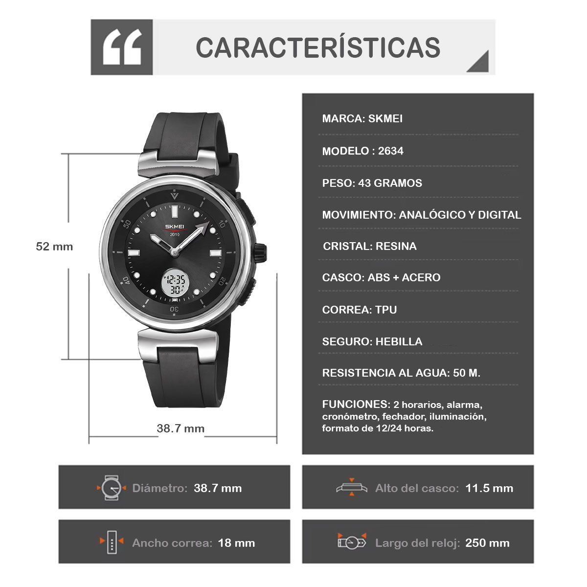 RELOJ SKMEI ZENITH HOMBRE ANALÓGICO DIGITAL CASUAL ALARMA PLATA 2634 - 6