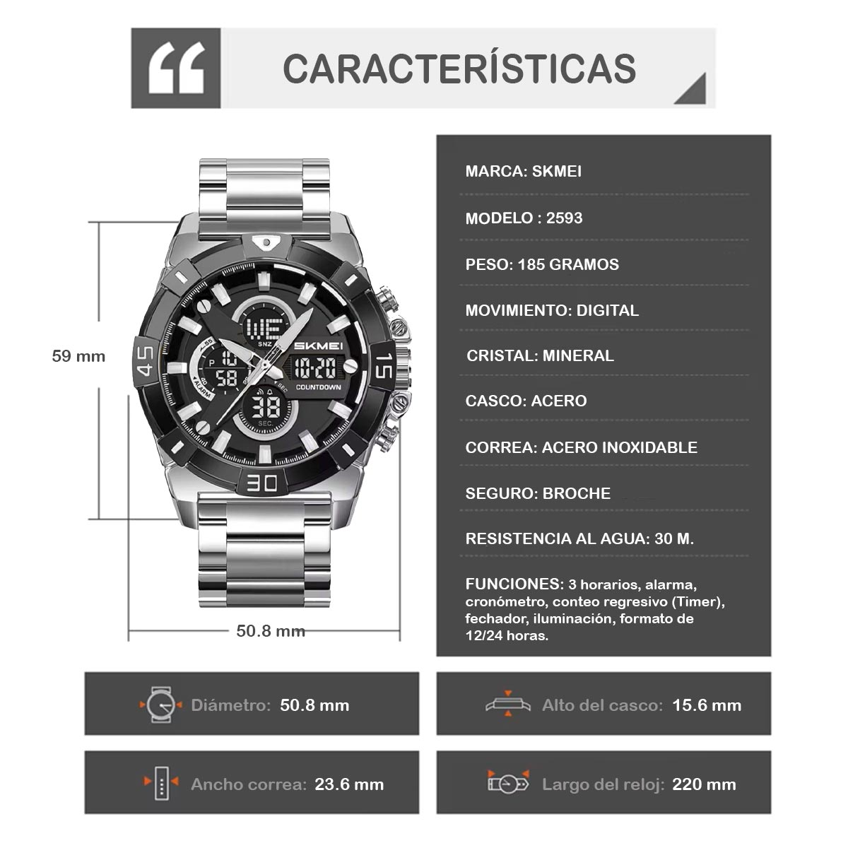 RELOJ SKMEI TITÁN HOMBRE ANALÓGICO DIGITAL DEPORTIVO ACERO 2593 - 7