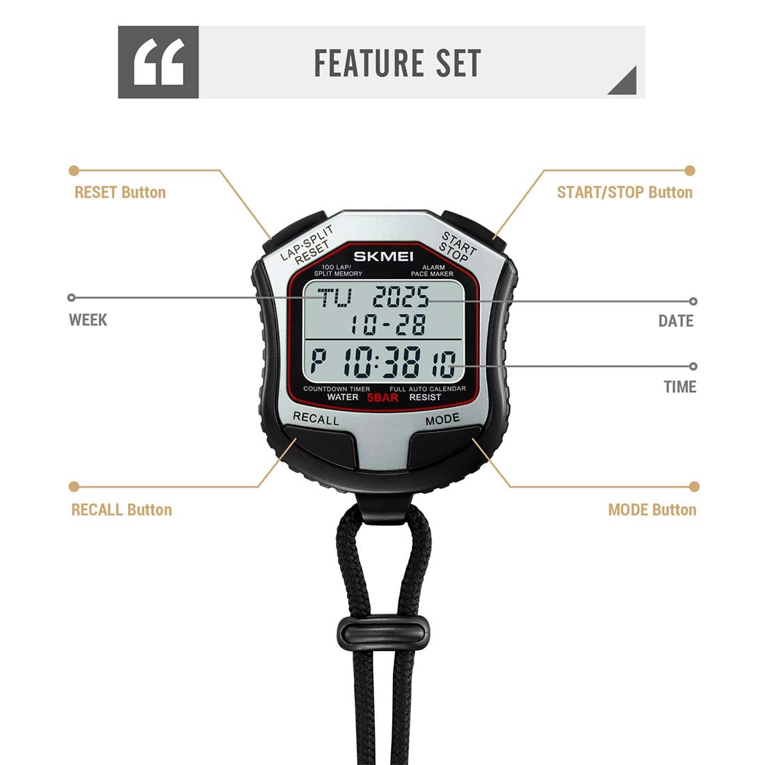 CRONÓMETRO SKMEI DIGITAL TIMER 100 MEMORIAS RANGO 10 HRS GRIS 2345 - 4