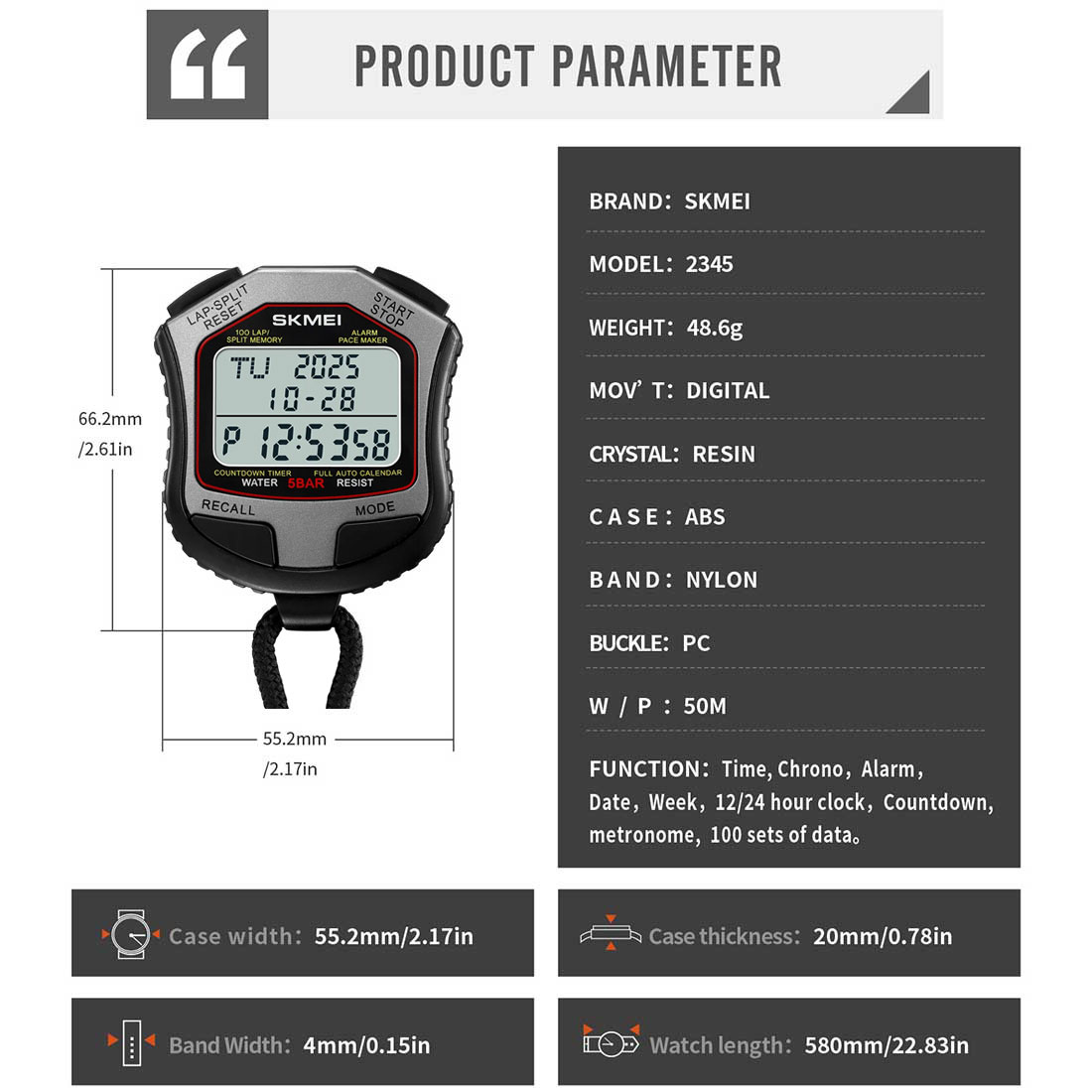 CRONÓMETRO SKMEI DIGITAL TIMER 100 MEMORIAS RANGO 10 HRS GRIS 2345 - 7