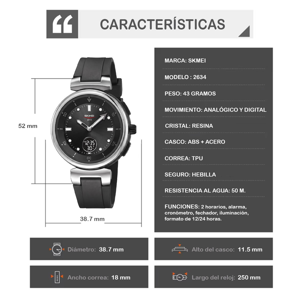 RELOJ SKMEI ZENITH HOMBRE ANALÓGICO DIGITAL CASUAL ALARMA NEGRO 2634 - 6