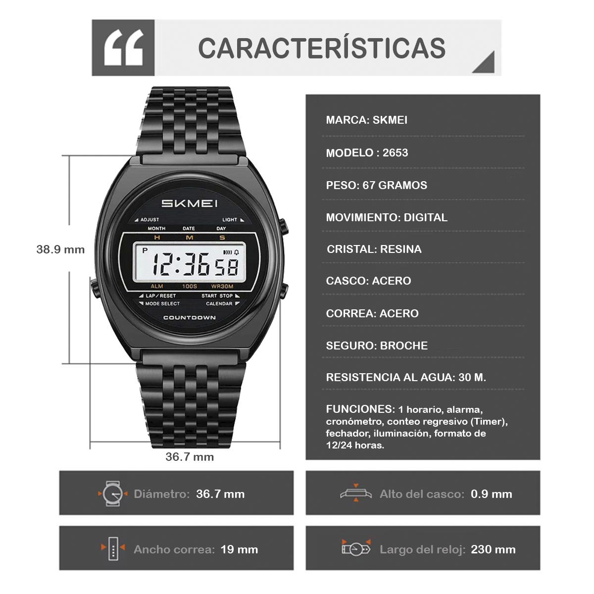 RELOJ SKMEI RETRO HOMBRE DIGITAL CASUAL MULTIFUNCIÓN ACERO NEGRO 2653 - 5