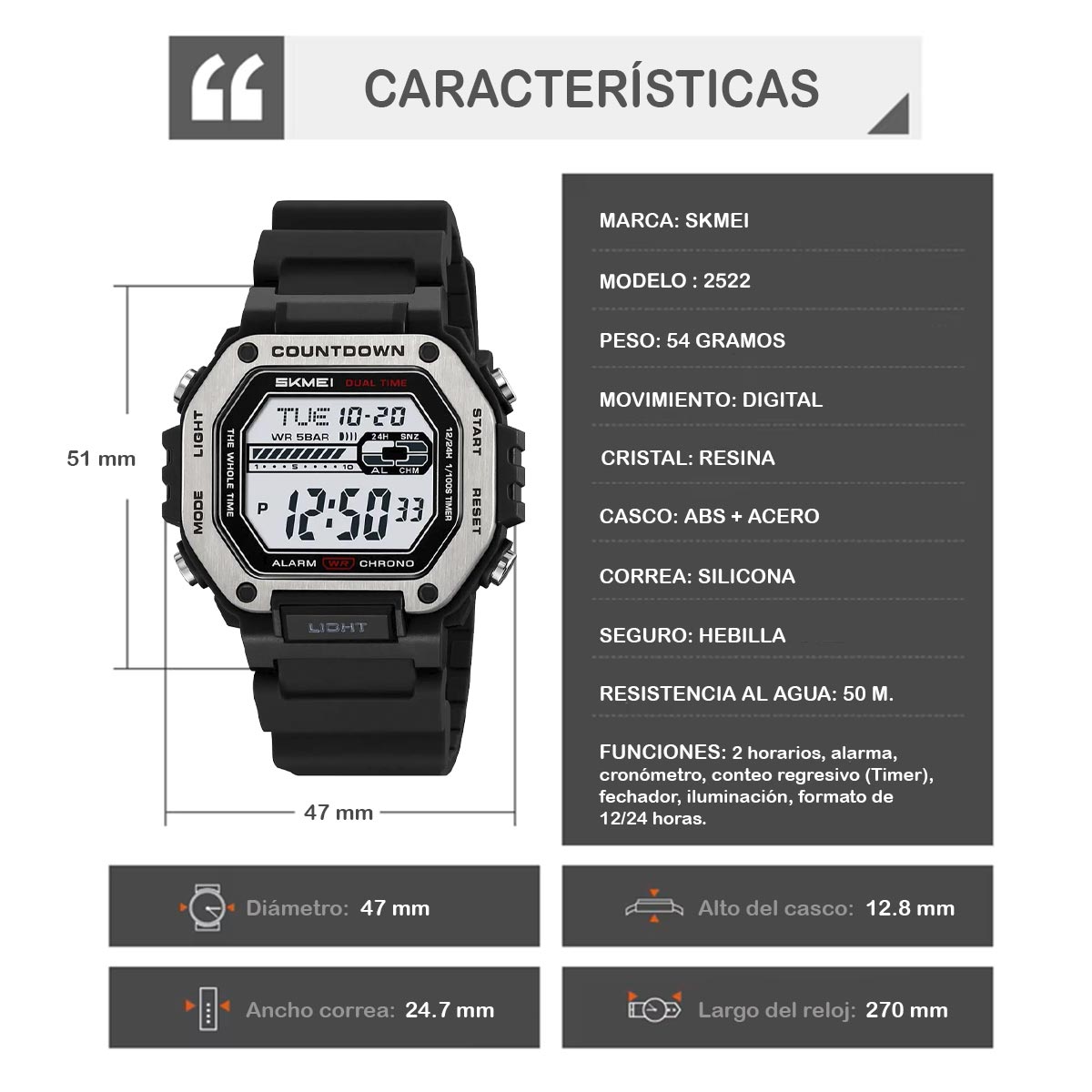 RELOJ SKMEI ACTION HOMBRE DIGITAL DEPORTIVO DUAL MULTIFUNCIÓN 2522 - 7