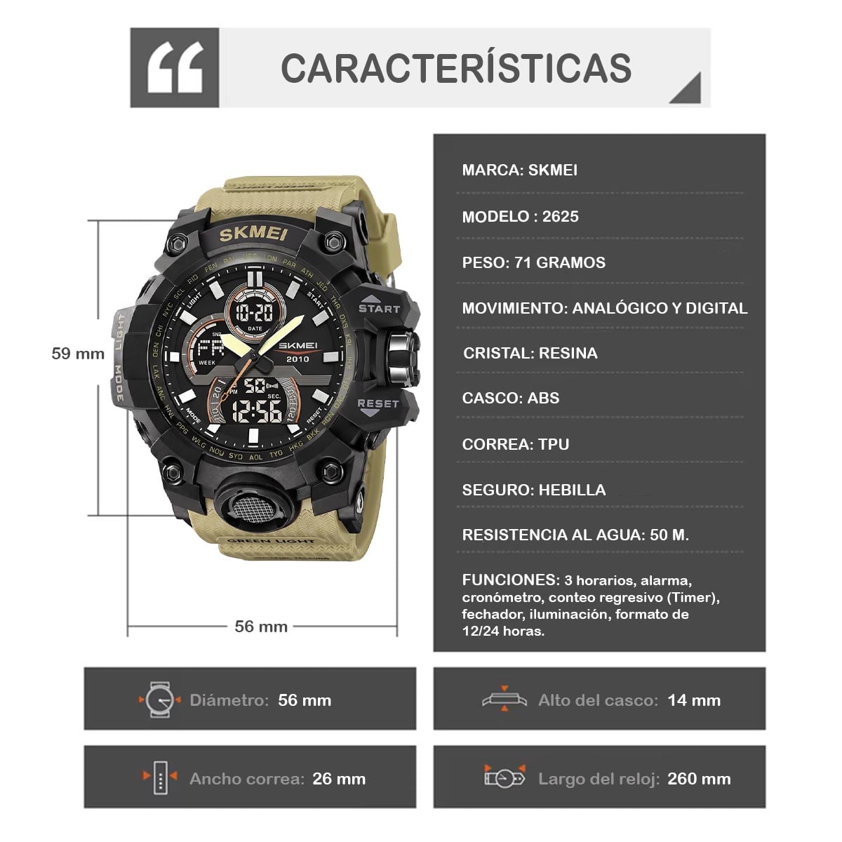 RELOJ SKMEI PROTEUS HOMBRE ANALÓGICO DIGITAL MULTIFUNCIÓN CAQUI 2625 - 5