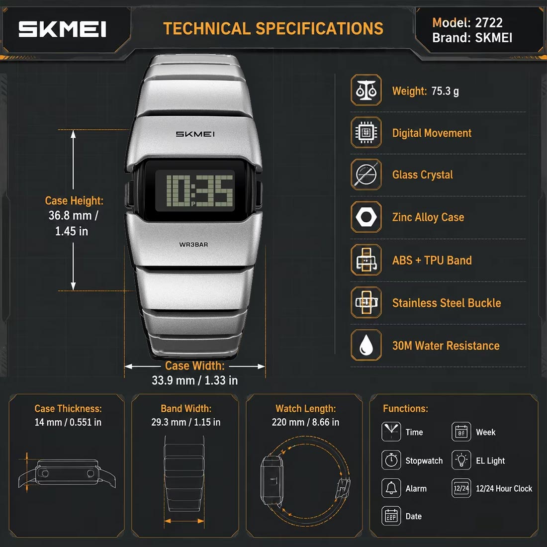 RELOJ SKMEI DRIOID HOMBRE DIGITAL FUTURISTA MODERNO LED GRIS 2722 - 6