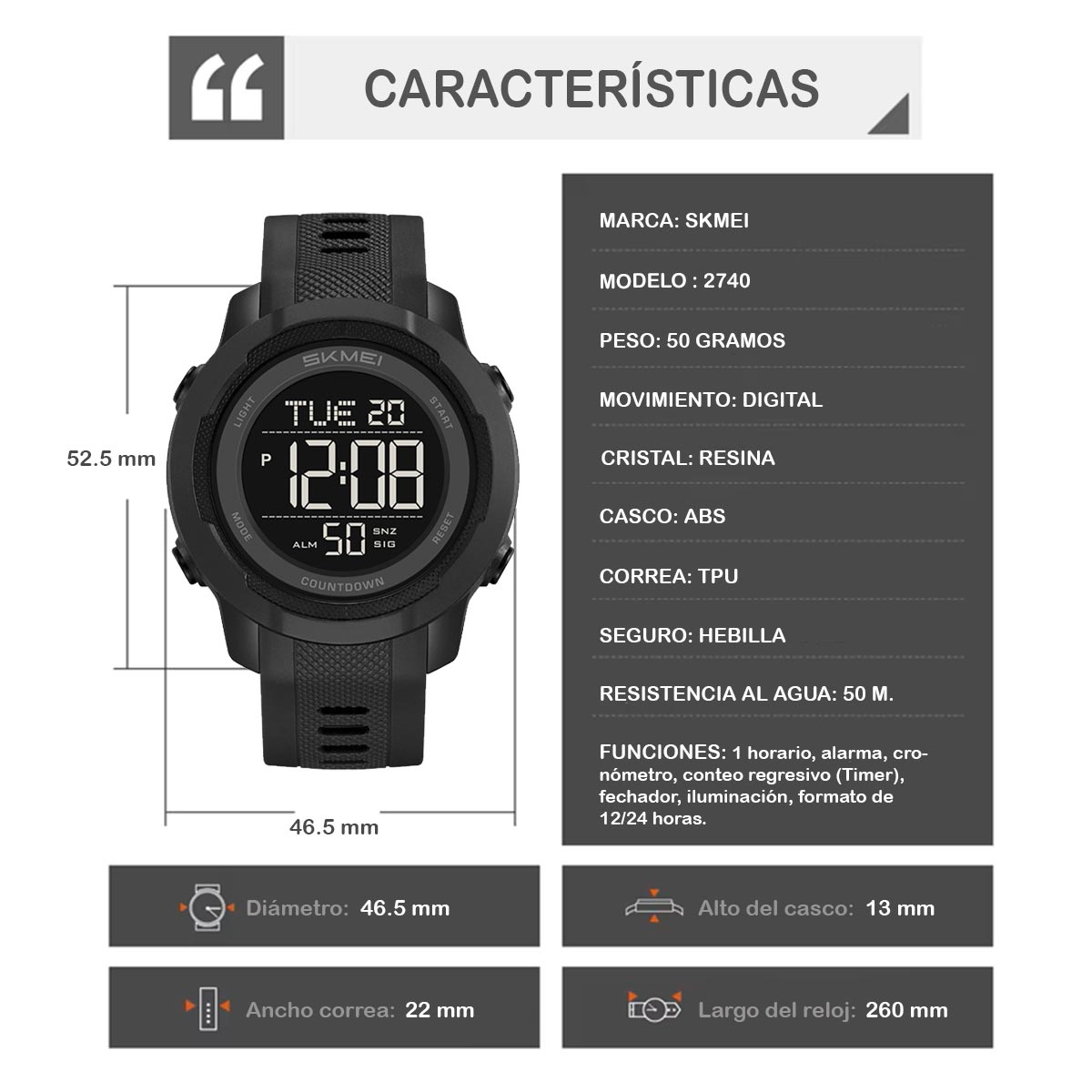 RELOJ SKMEI 2740 HOMBRE DIGITAL DEPORTIVO MULTIFUNCIÓN TÁCTICO NEGRO - 8