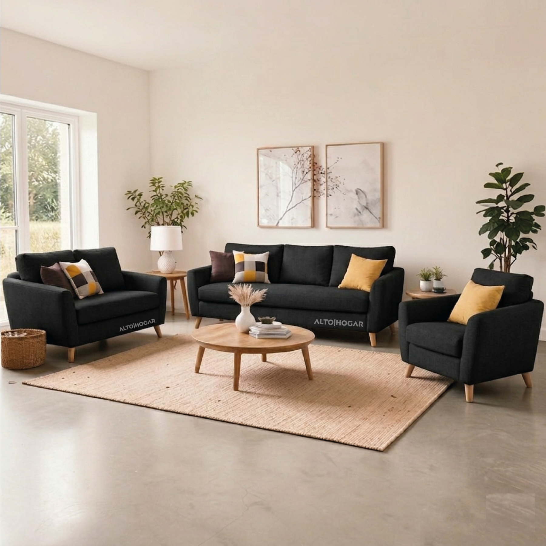 JUEGO DE SALA TAMAHRA 3 2 1 NEGRO TAPIZ ANTIFLUIDO ALTO HOGAR - 1