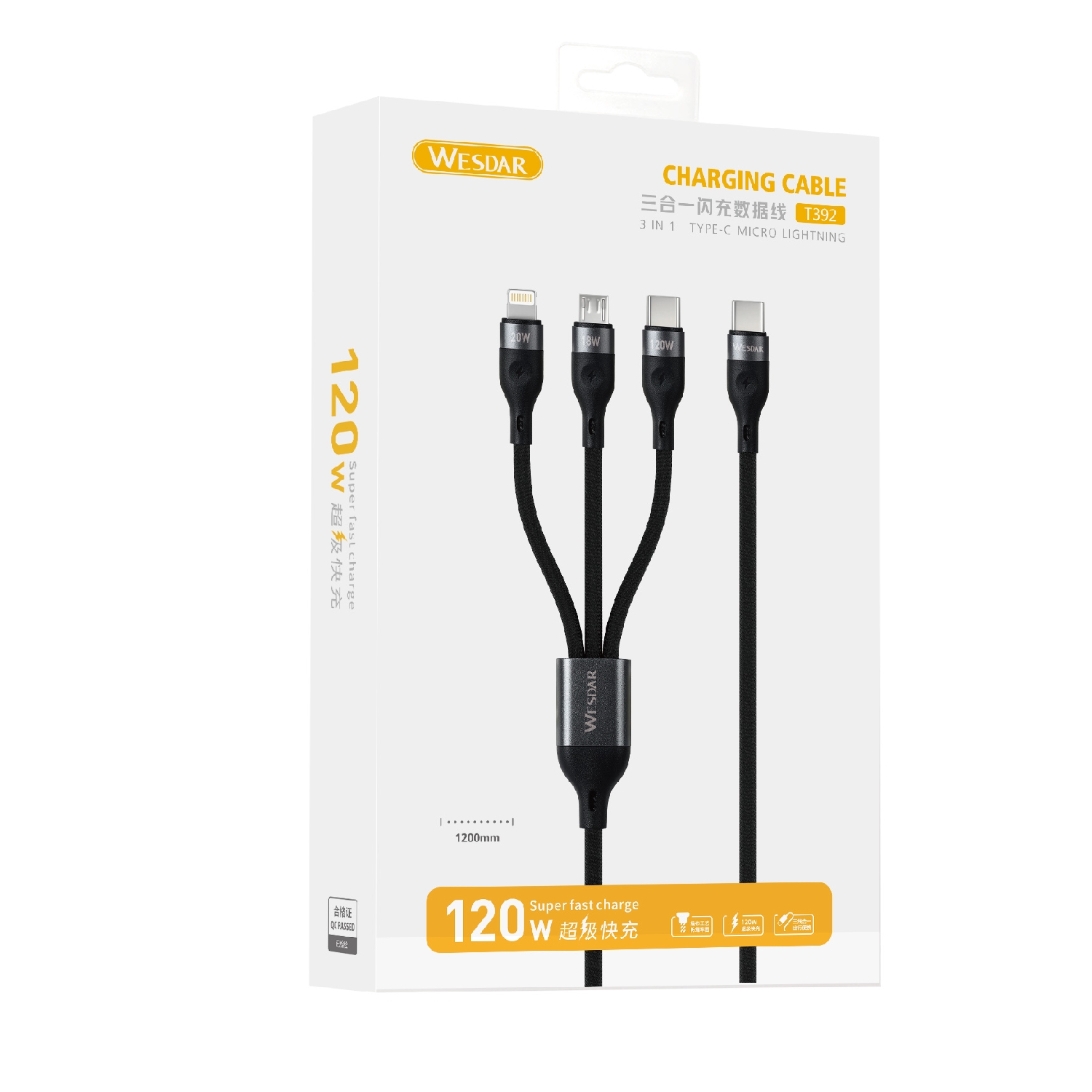 CABLE WESDAR 3 EN 1 120W QUICK CHARGER NEGRO T392-BLK - 4