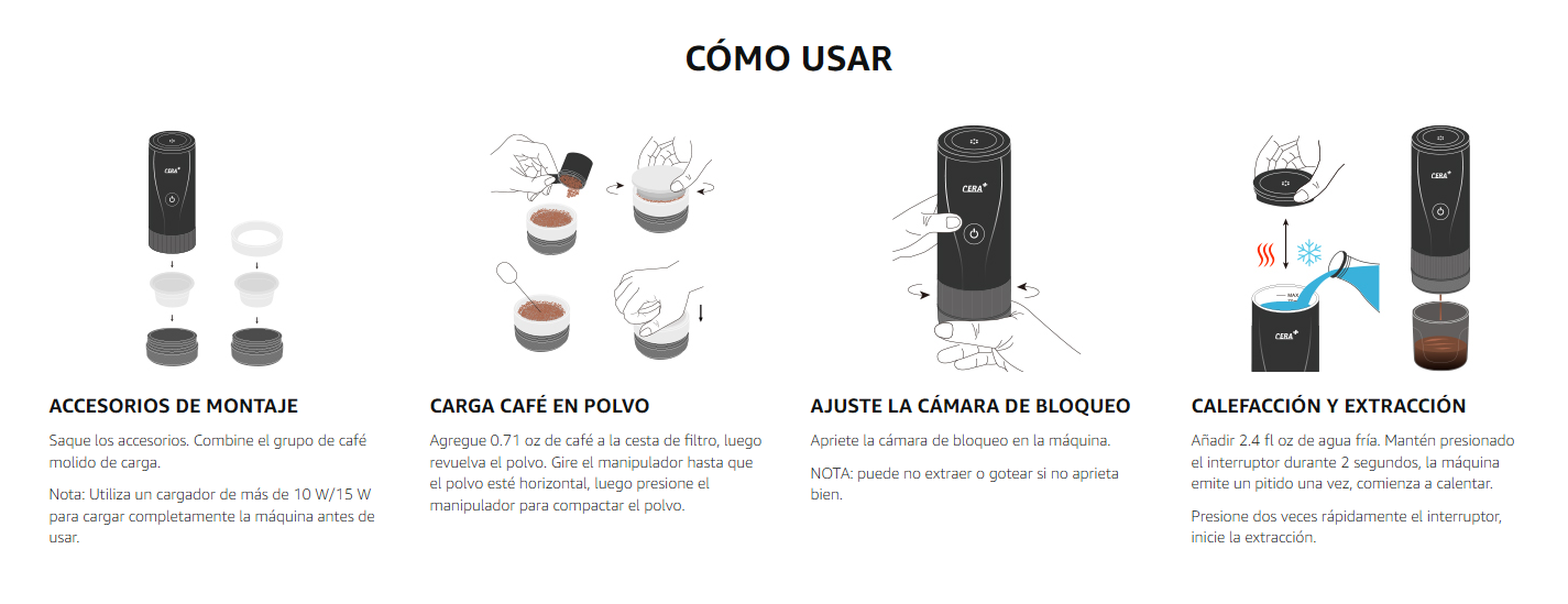 CERA+ - MINI MÁQUINA DE CAFÉ ESPRESSO AUTOCALENTABLE VERSIÓN PRO PCM04A NEGRO - 3