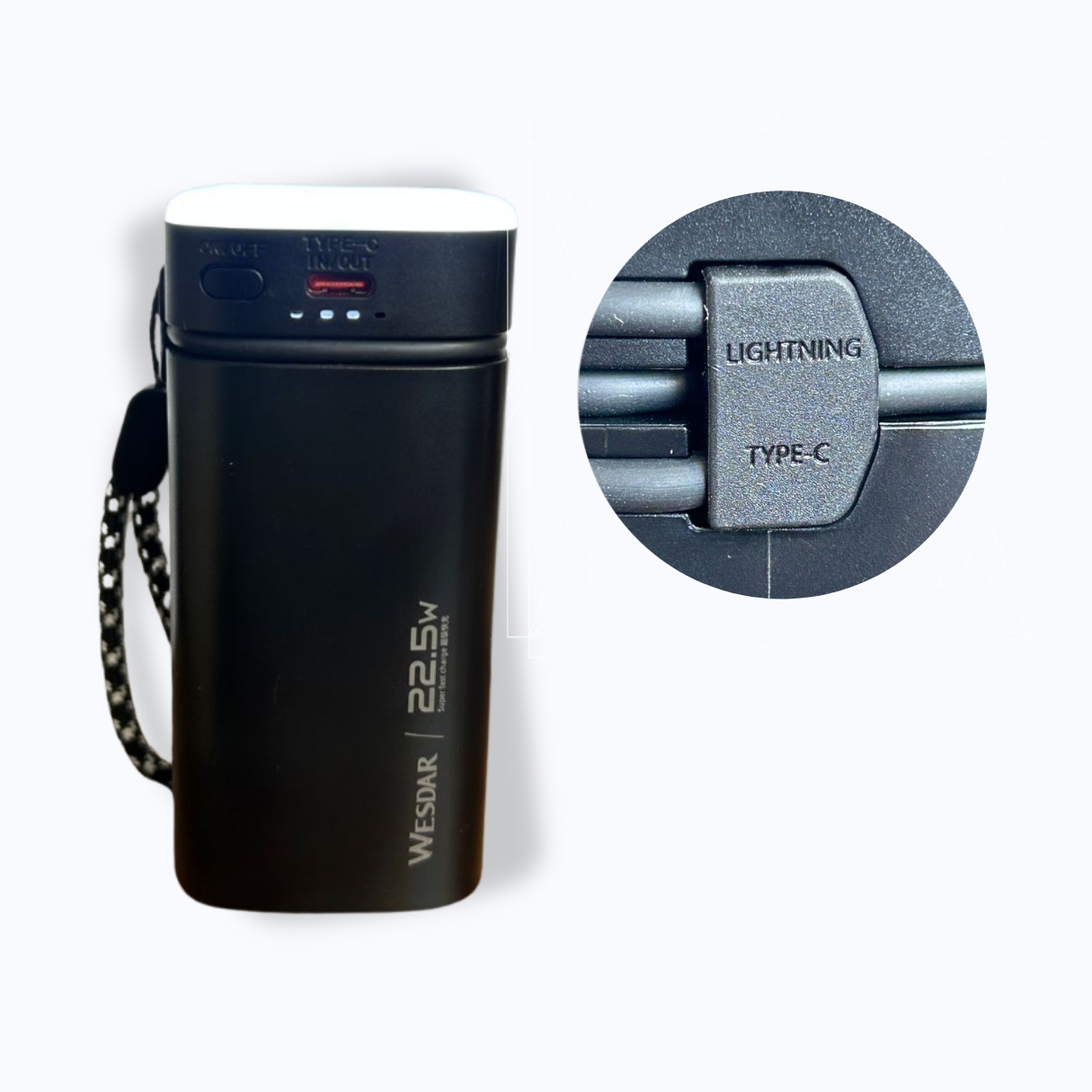 WESDAR - POWER BANK 22.5W PD LED FAST CHARGE C/CABLE LIGHTNING Y USB-C 20000MAH - NEGRO - 2