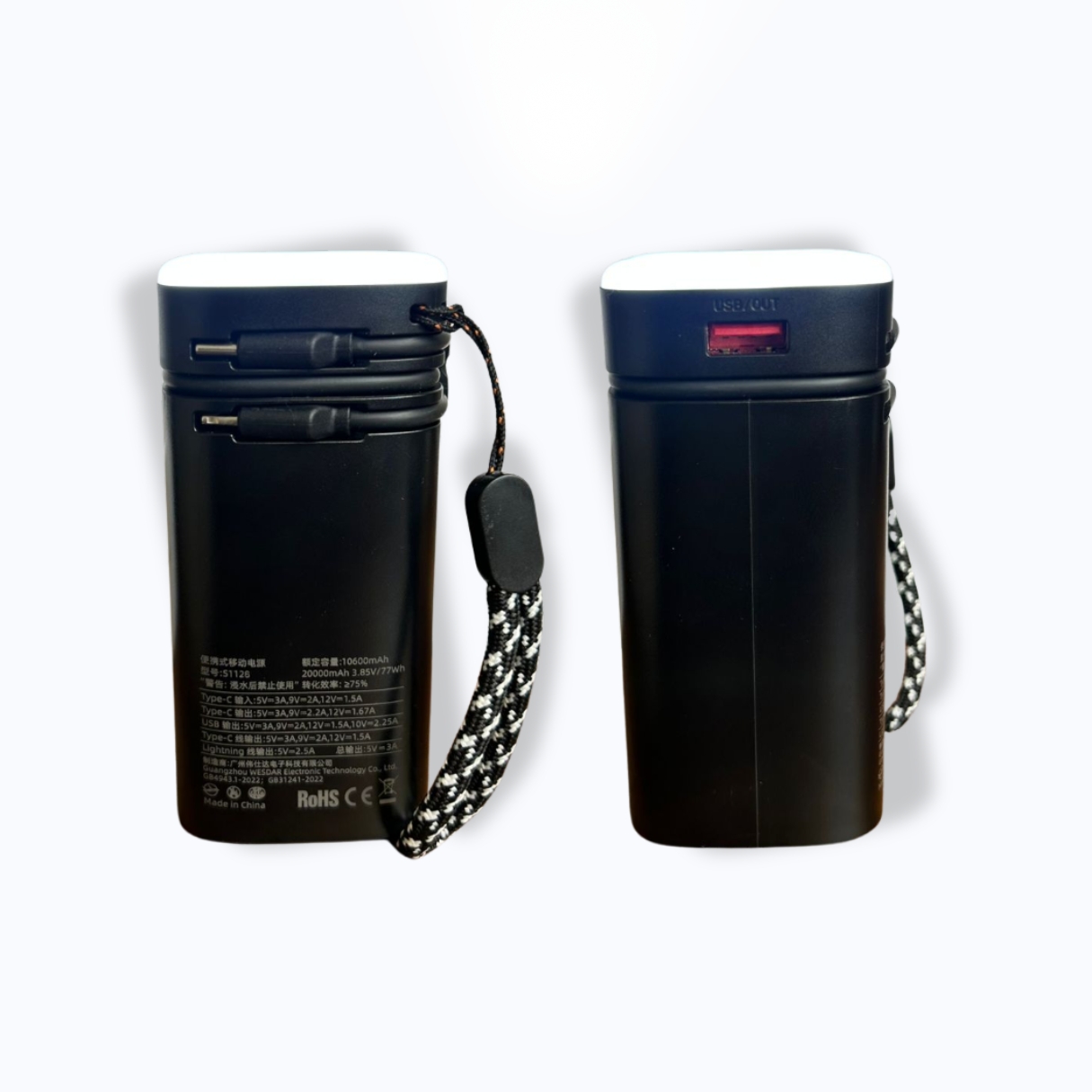 WESDAR - POWER BANK 22.5W PD LED FAST CHARGE C/CABLE LIGHTNING Y USB-C 20000MAH - NEGRO - 3