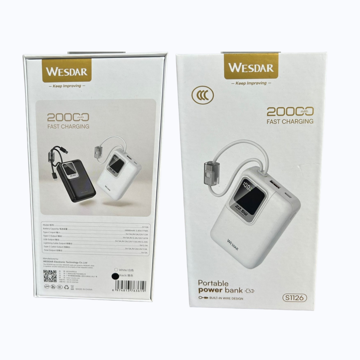 WESDAR - POWER BANK 22.5W PD LED FAST CHARGE C/CABLE LIGHTNING Y USB-C 20000MAH - NEGRO - 4