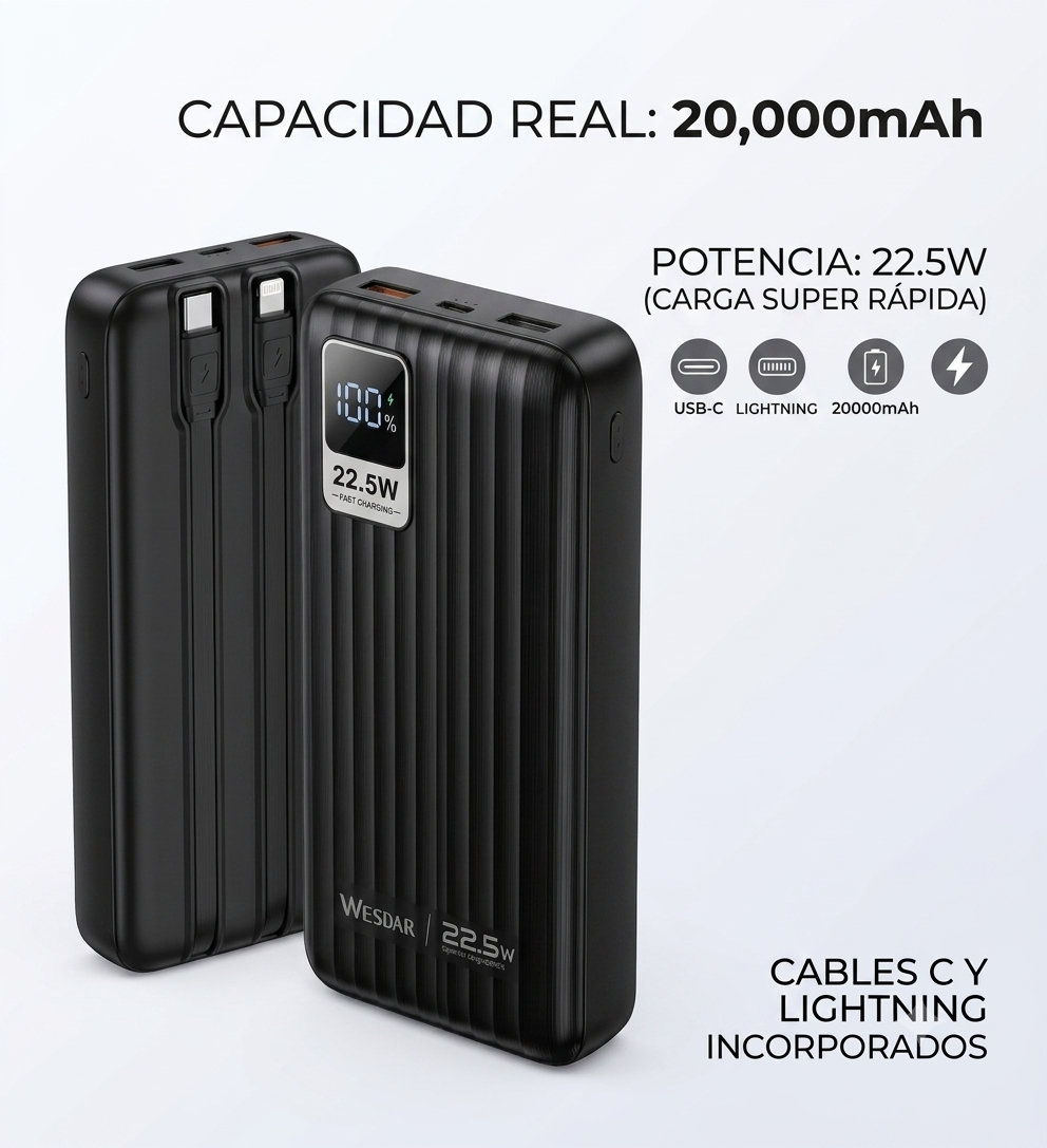 WESDAR - POWER BANK 22.5W PD LED FAST CHARGE C/CABLE LIGHTNING Y USB-C 20000MAH - NEGRO - 1
