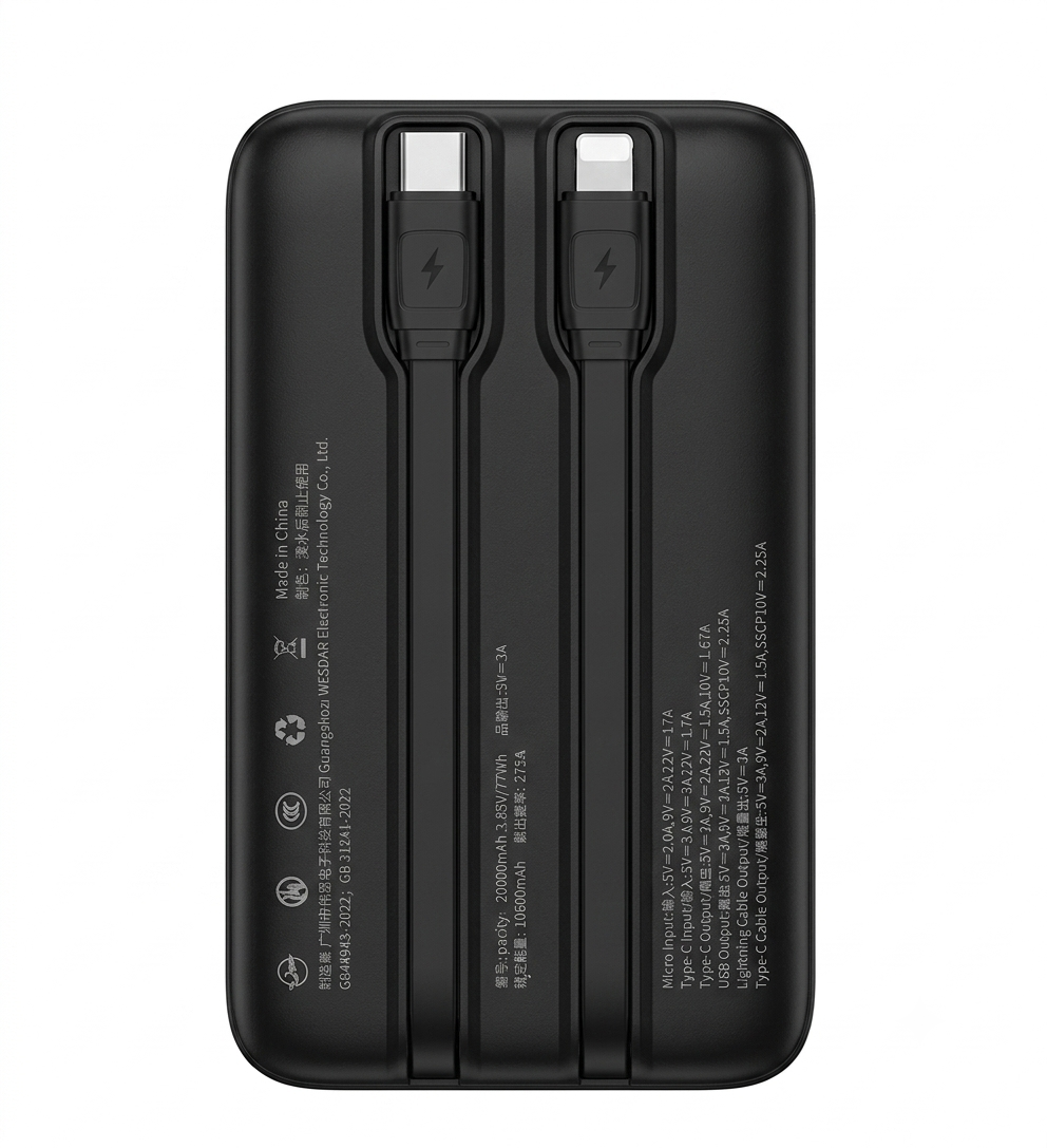 WESDAR - POWER BANK 22.5W PD LED FAST CHARGE C/CABLE LIGHTNING Y USB-C 20000MAH - NEGRO - 2