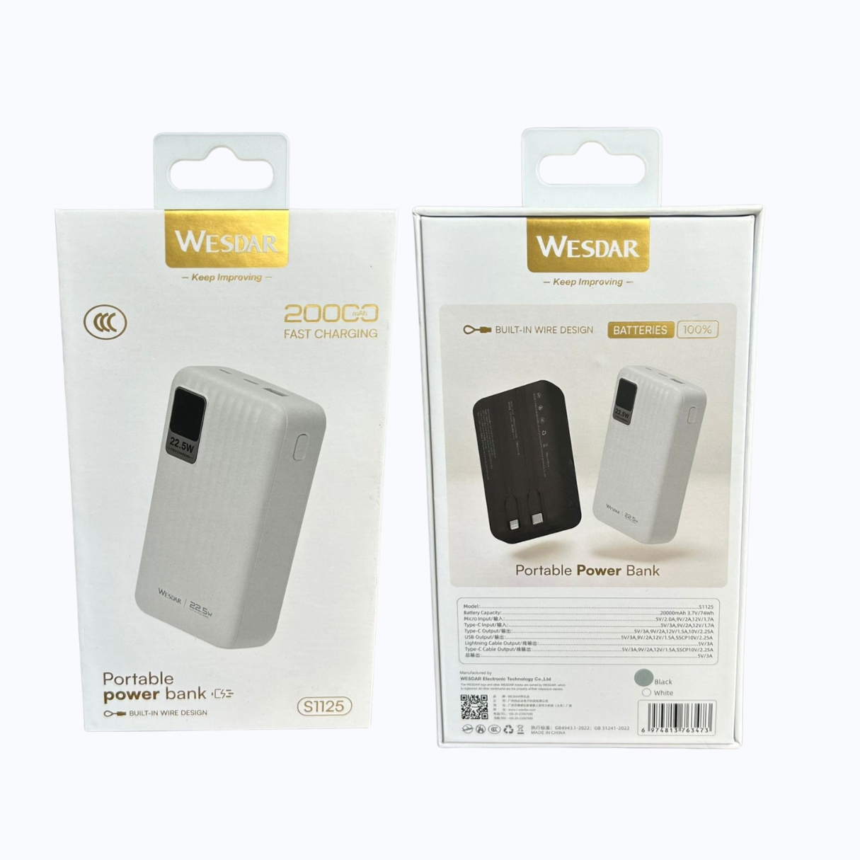 WESDAR - POWER BANK 22.5W PD LED FAST CHARGE C/CABLE LIGHTNING Y USB-C 20000MAH - NEGRO - 7