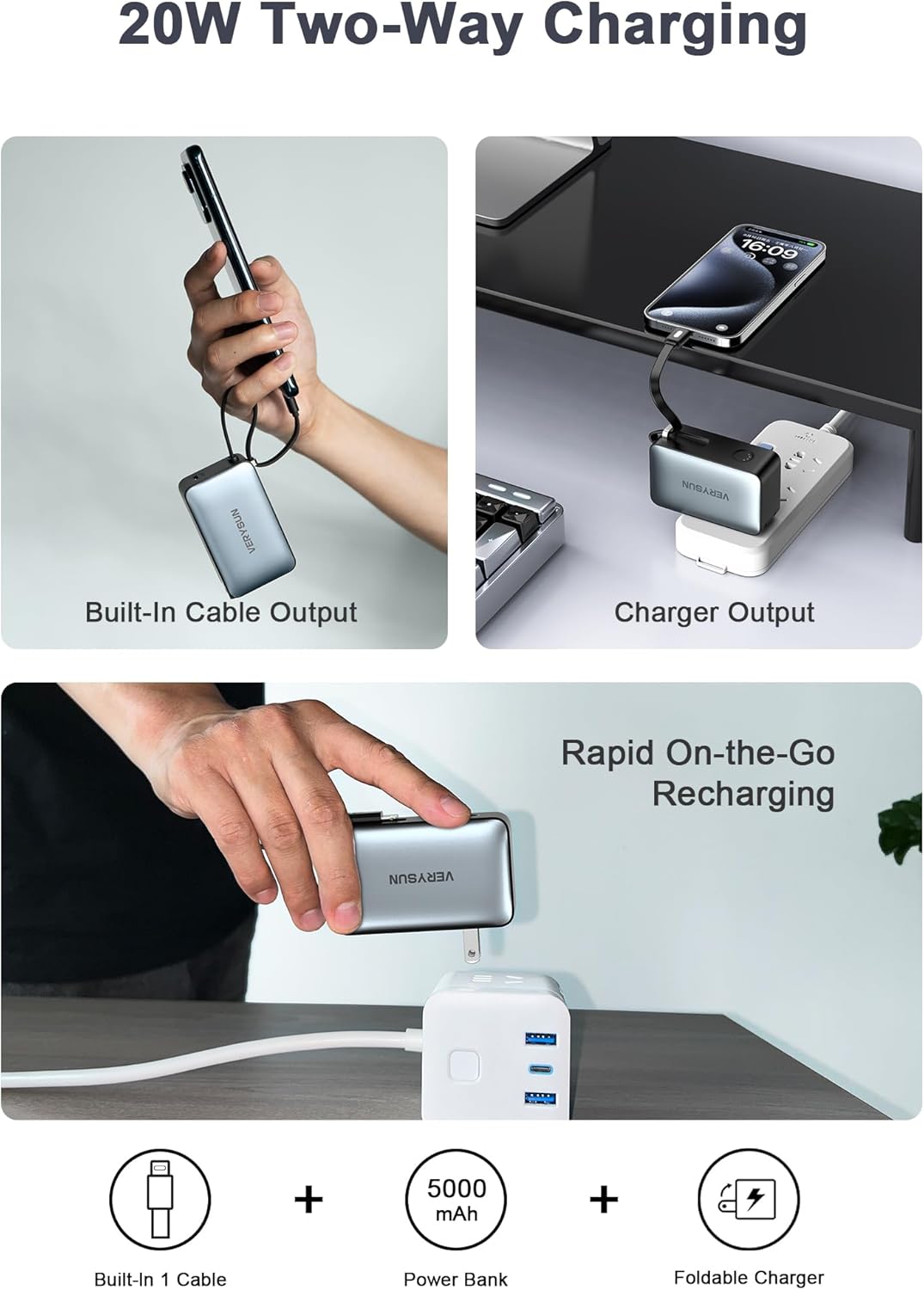 VERYSUN - MINI POWER BANK 3 EN 1 PARA VIAJES 5000MAH IPHONE 15/16 USB-C CON ENCHUFE PLEGABLE - 3