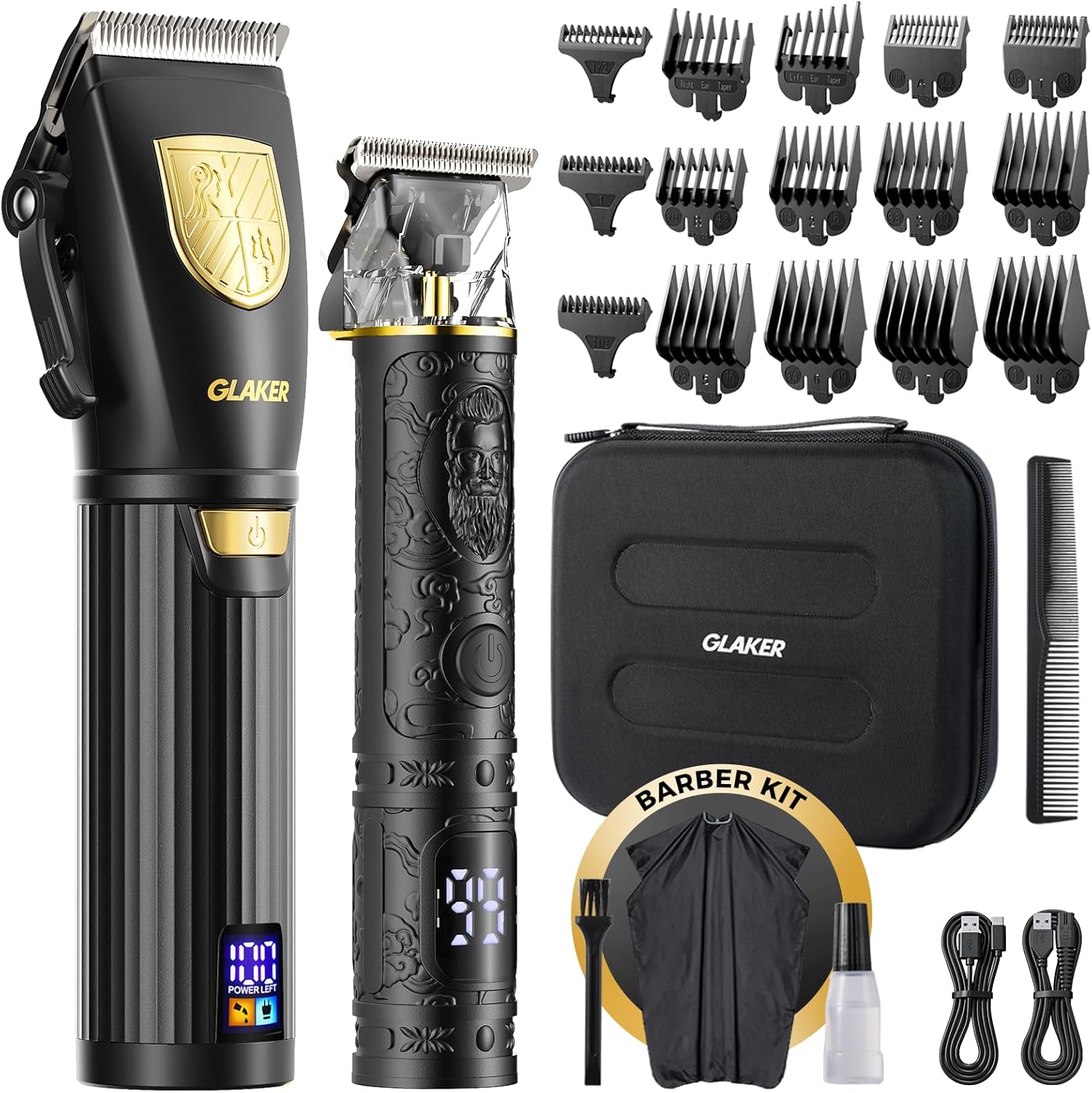 GLAKER - KIT DE BARBERÍA PROFESIONAL: CORTADORA + TRIMMER DE PRECISIÓN - 15 PEINES - 1