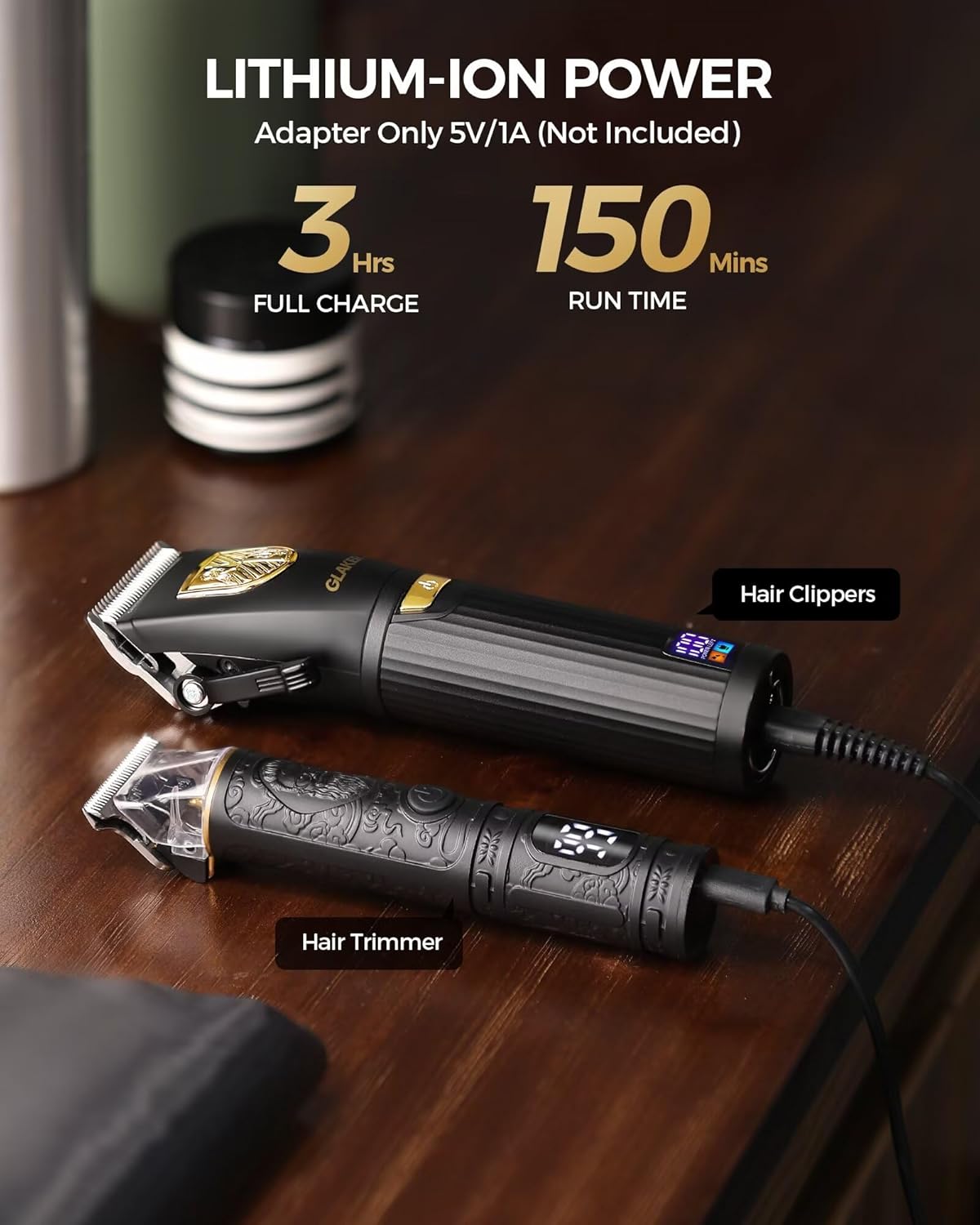 GLAKER - KIT DE BARBERÍA PROFESIONAL: CORTADORA + TRIMMER DE PRECISIÓN - 15 PEINES - 3
