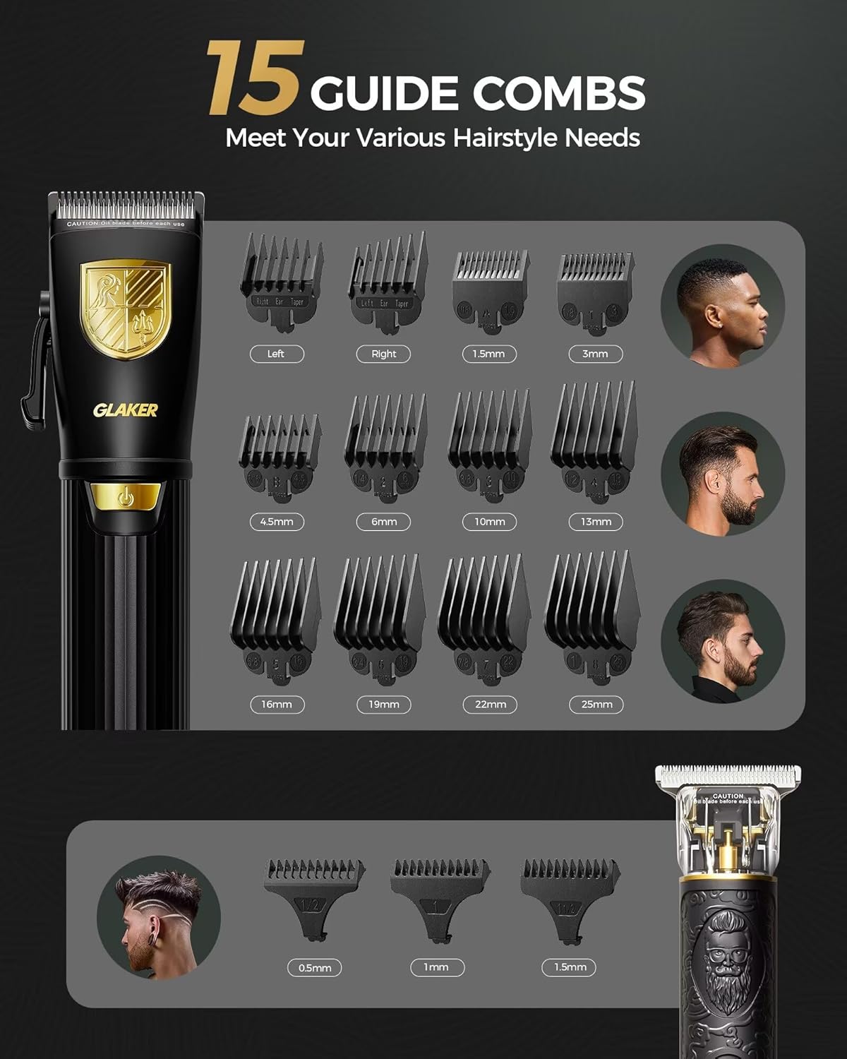 GLAKER - KIT DE BARBERÍA PROFESIONAL: CORTADORA + TRIMMER DE PRECISIÓN - 15 PEINES - 6