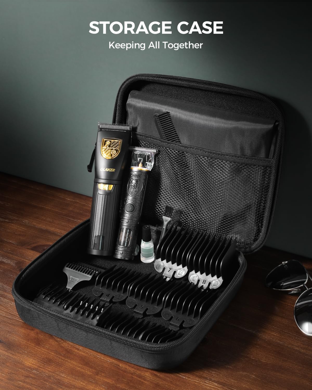 GLAKER - KIT DE BARBERÍA PROFESIONAL: CORTADORA + TRIMMER DE PRECISIÓN - 15 PEINES - 7