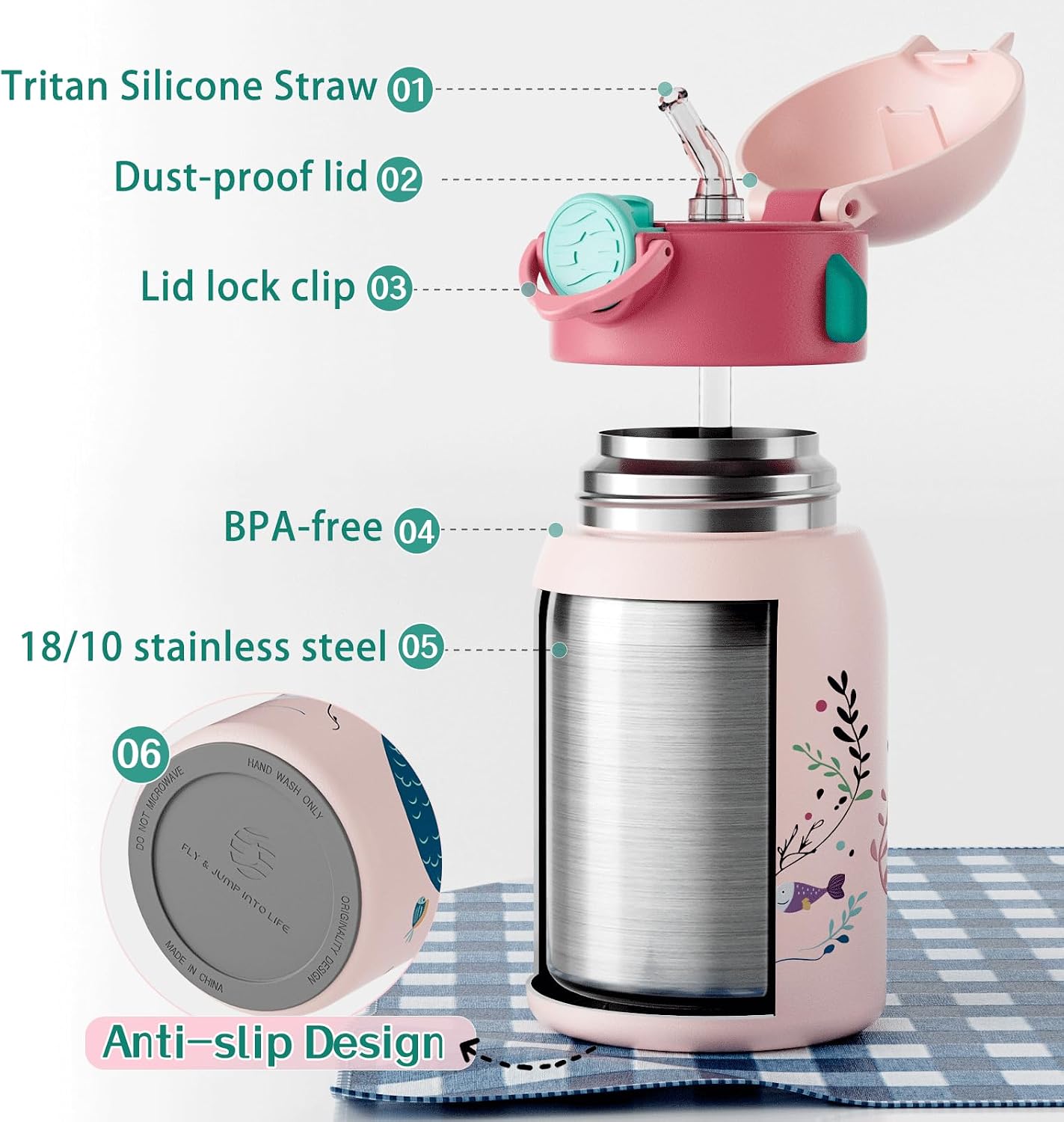 FJBOTTLE - BOTELLA DE AGUA PARA NIÑOS CON CAÑITA SIN BPA, A PRUEBA DE FUGAS, 400ML - 3