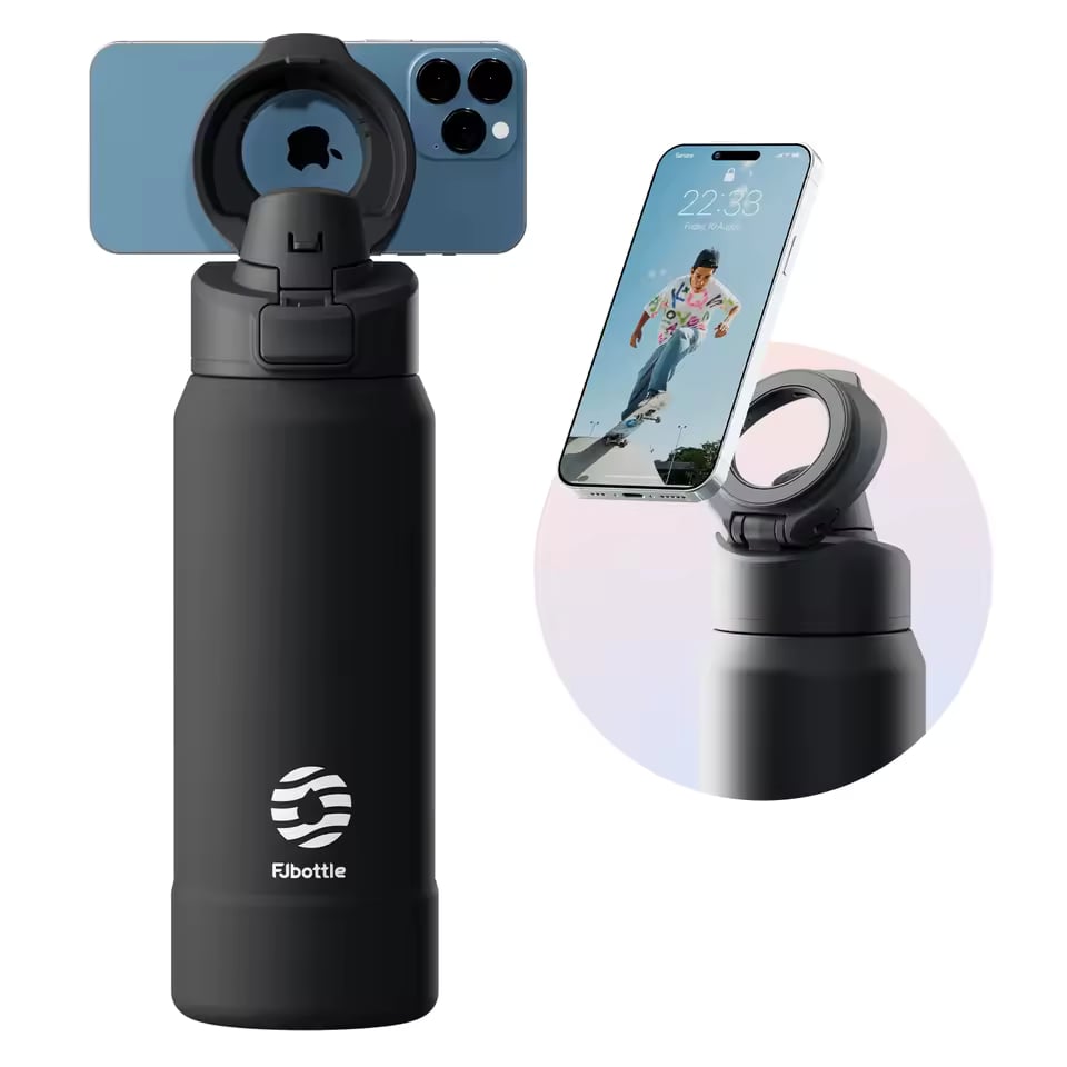FJBOTTLE - BOTELLA MUG TÉMICO CON SOPORTE MAGNÉTICO PARA TELÉFONO ACERO INOX CON TAPA DE TRITÁN 950ML - NEGRO - 1
