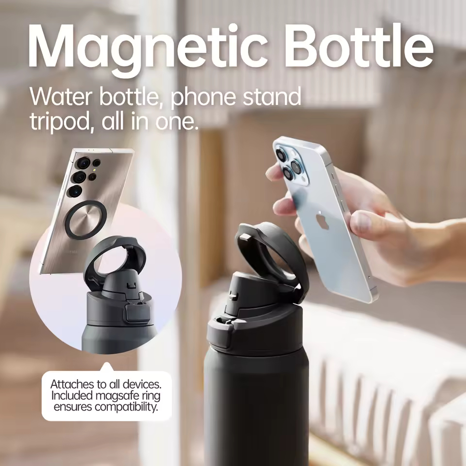 FJBOTTLE - BOTELLA MUG TÉMICO CON SOPORTE MAGNÉTICO PARA TELÉFONO ACERO INOX CON TAPA DE TRITÁN 950ML - NEGRO - 3