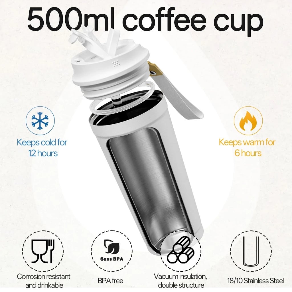 BOTELLA MUG TÉMICO ACERO CON TAPA DE TRITÁN 480ML - ROSA - 3